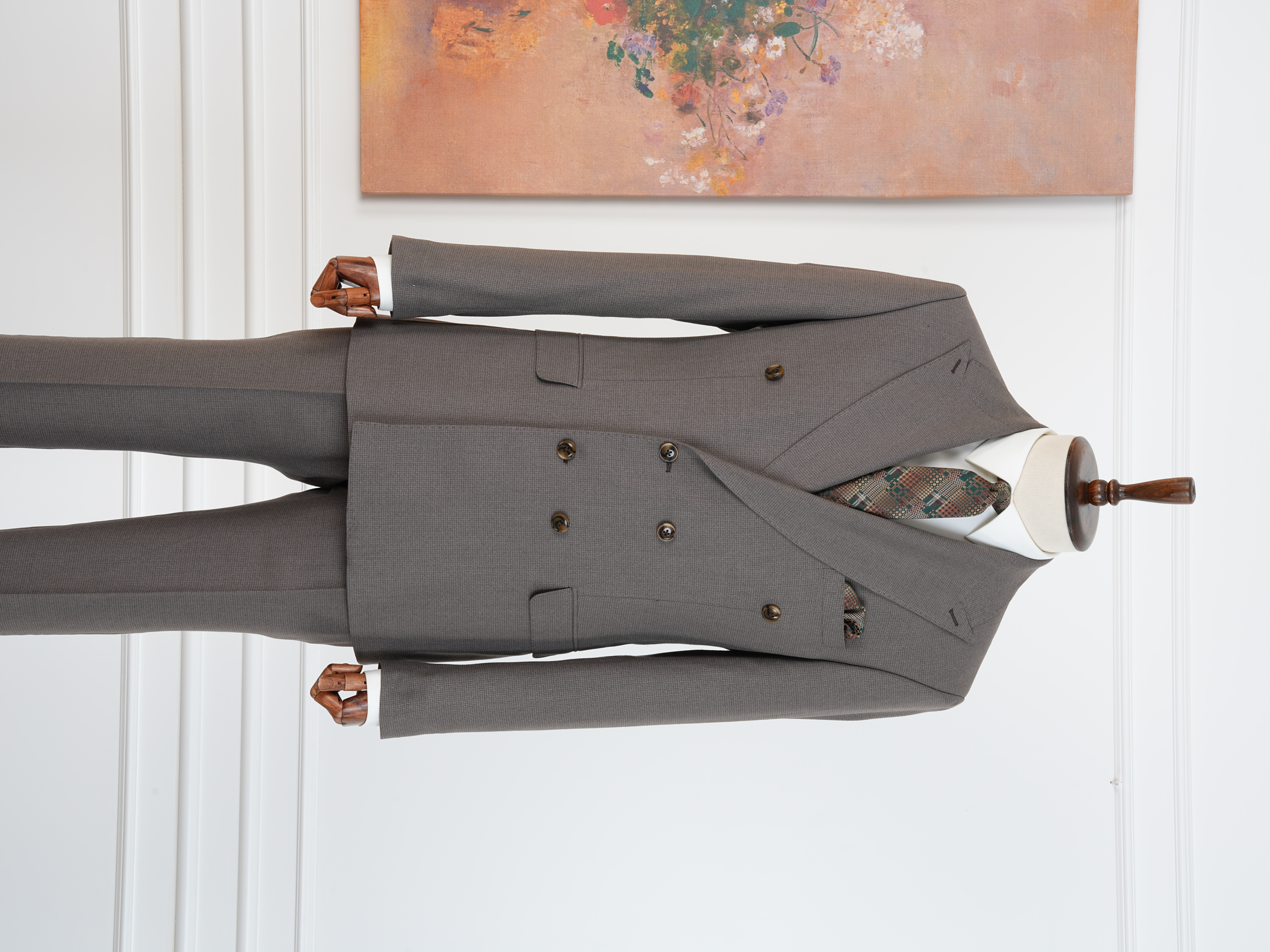 Premium Erkek Slim Fit İtalyan Stil Yarım Astarlı Kırcıllı Kruvaze Takım Elbise - Sütlü Kahve