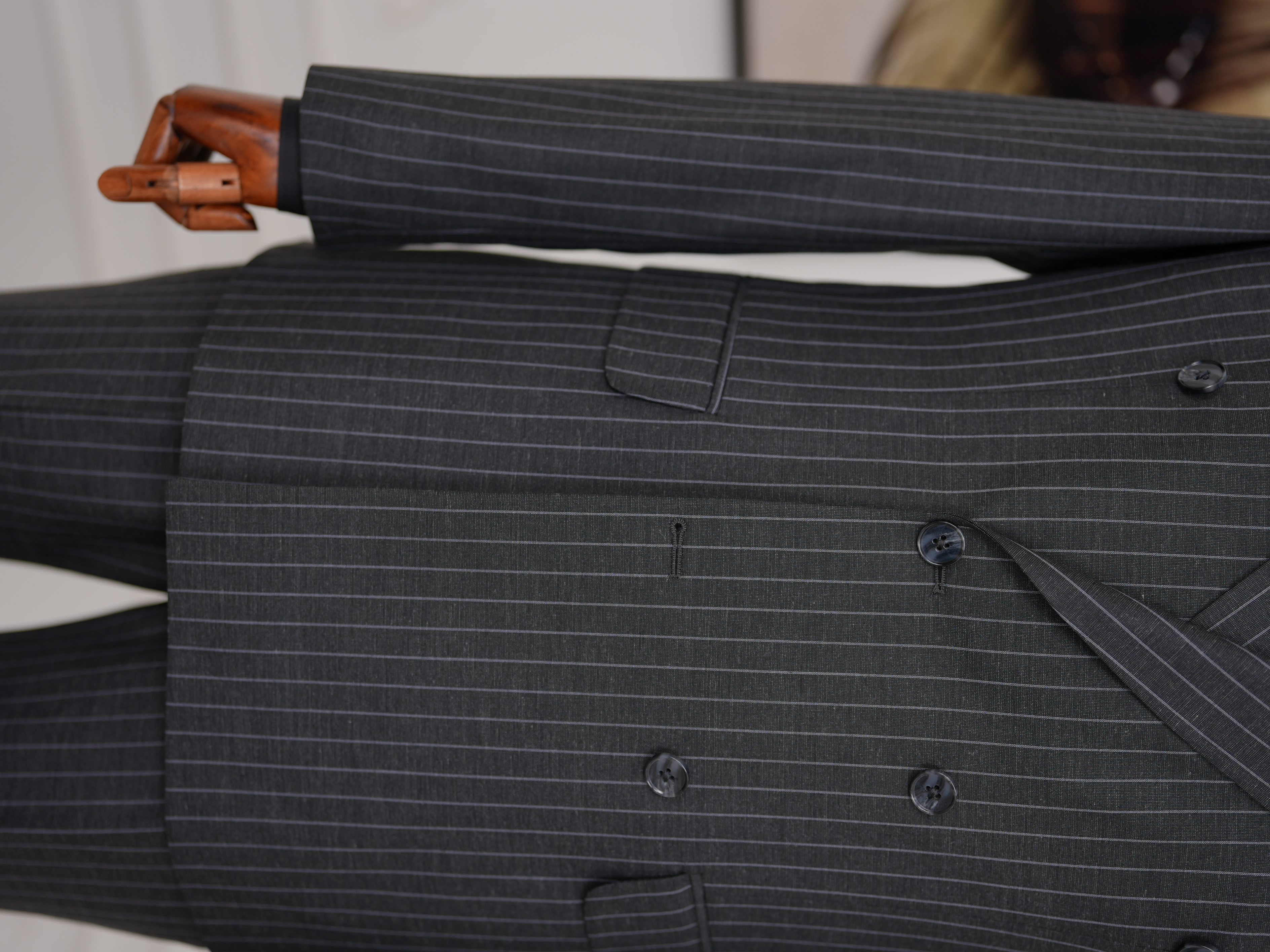 Premium Erkek Slim Fit İtalyan Stil Yarım Astarlı Çizgili Kruvaze Takım Elbise Ceket Pantolon - Antrasit