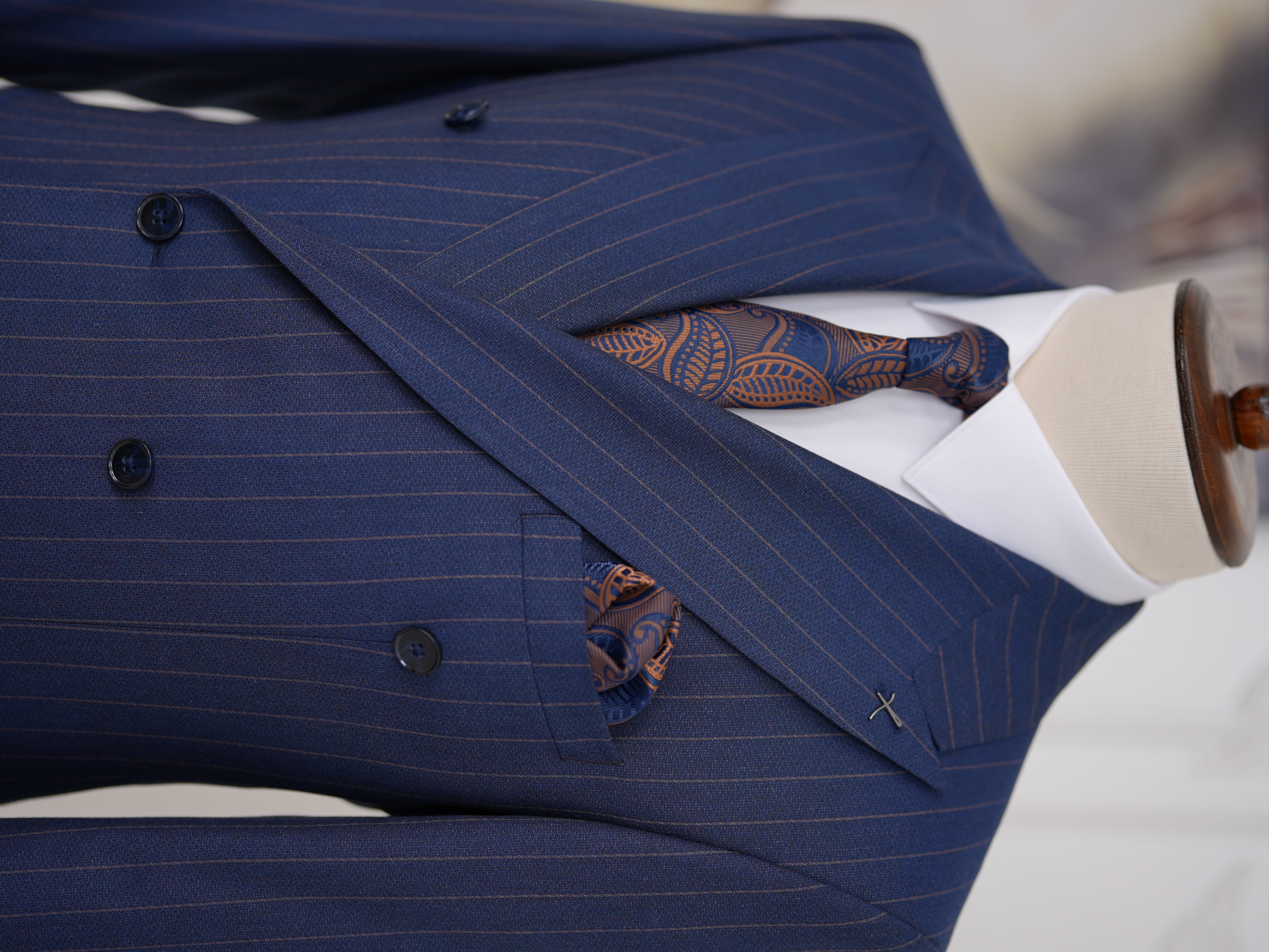 Premium Erkek Slim Fit İtalyan Stil Yarım Astarlı Çizgili Kruvaze Takım Elbise Ceket Pantolon - Lacivert