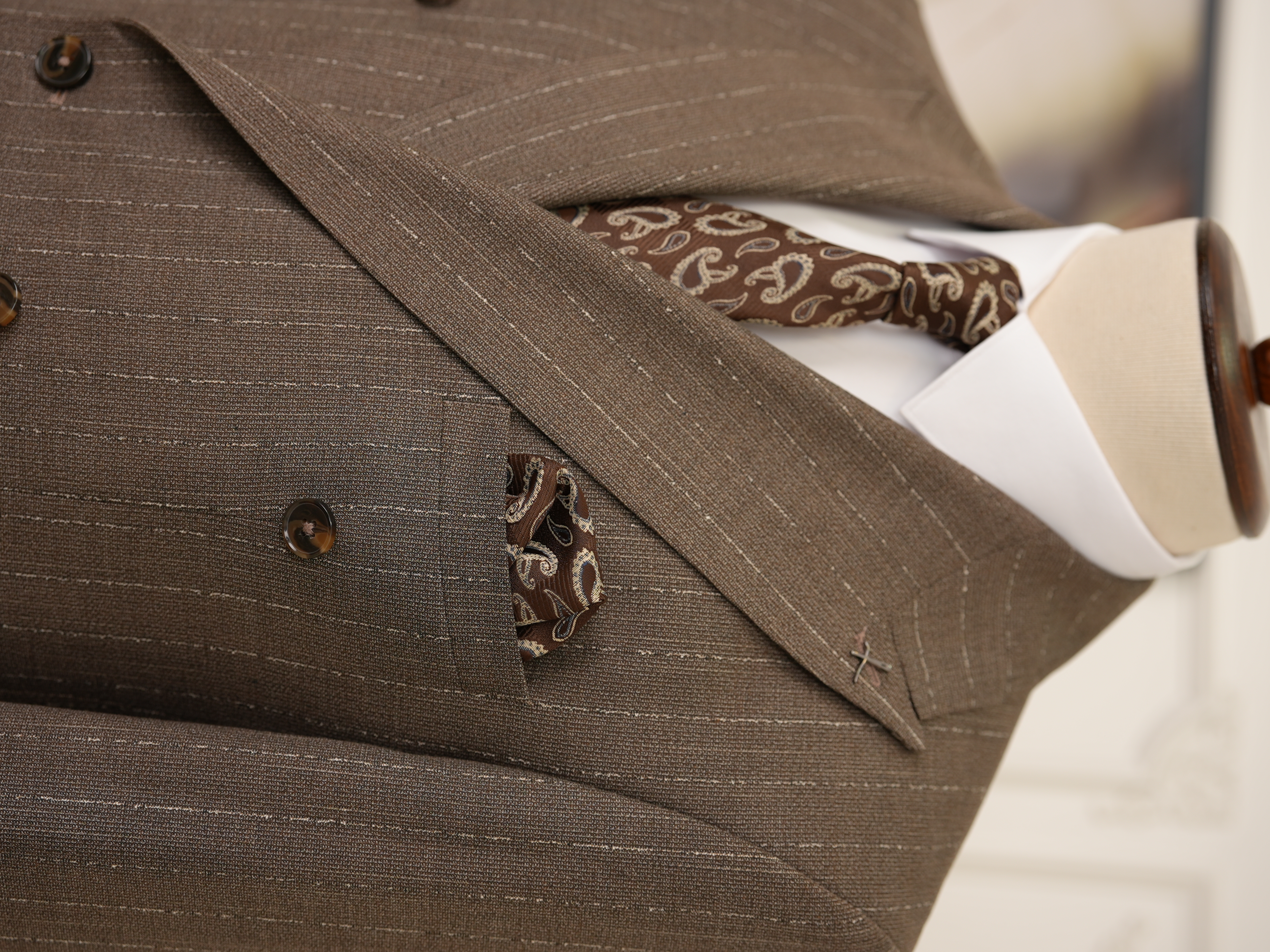 Premium Erkek Slim Fit İtalyan Stil Yarım Astarlı Çizgiliı Kruvaze Takım Elbise Ceket Pantolon - Sütlü Kahve