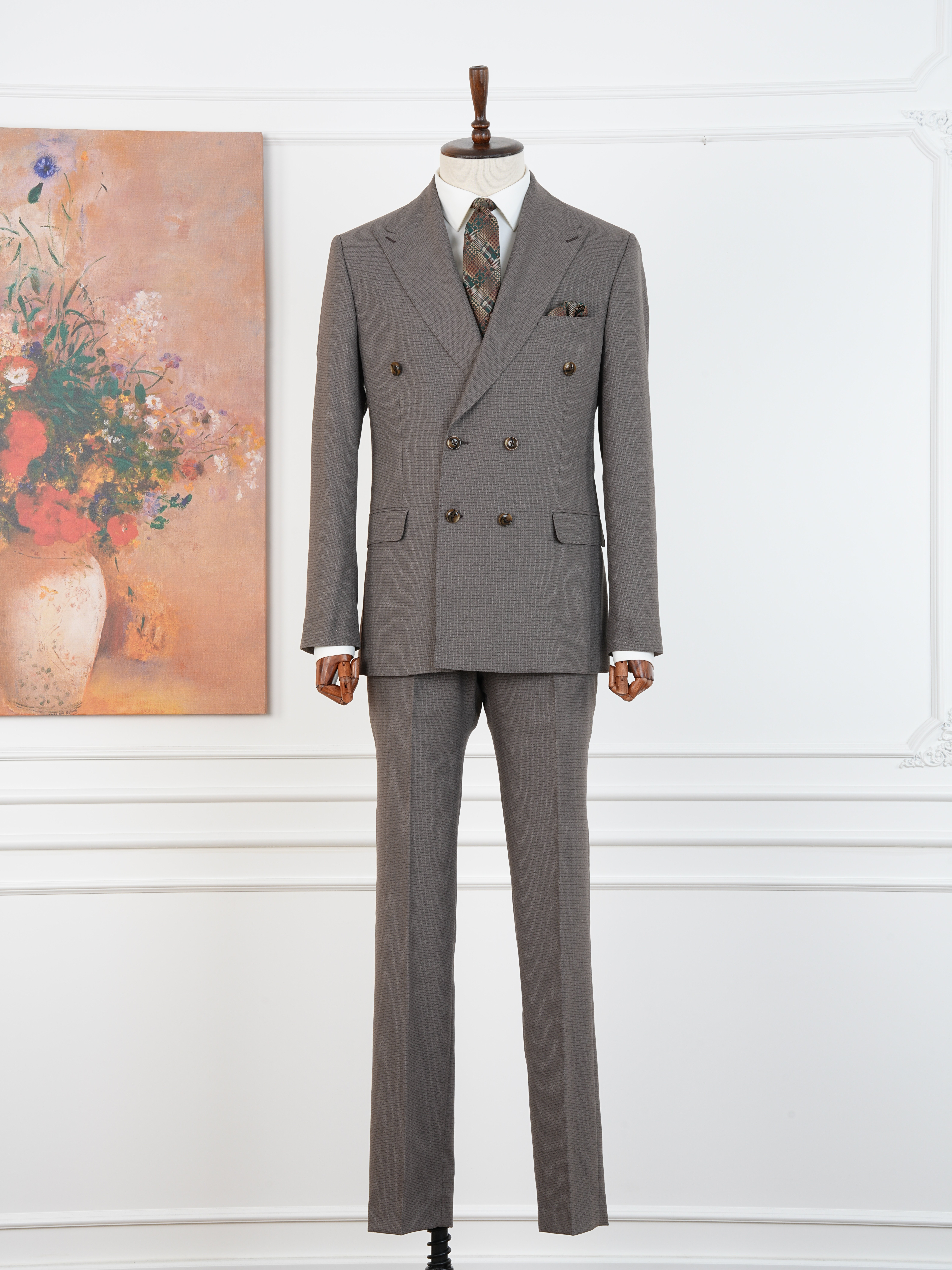 Premium Erkek Slim Fit İtalyan Stil Yarım Astarlı Kırcıllı Kruvaze Takım Elbise - Sütlü Kahve