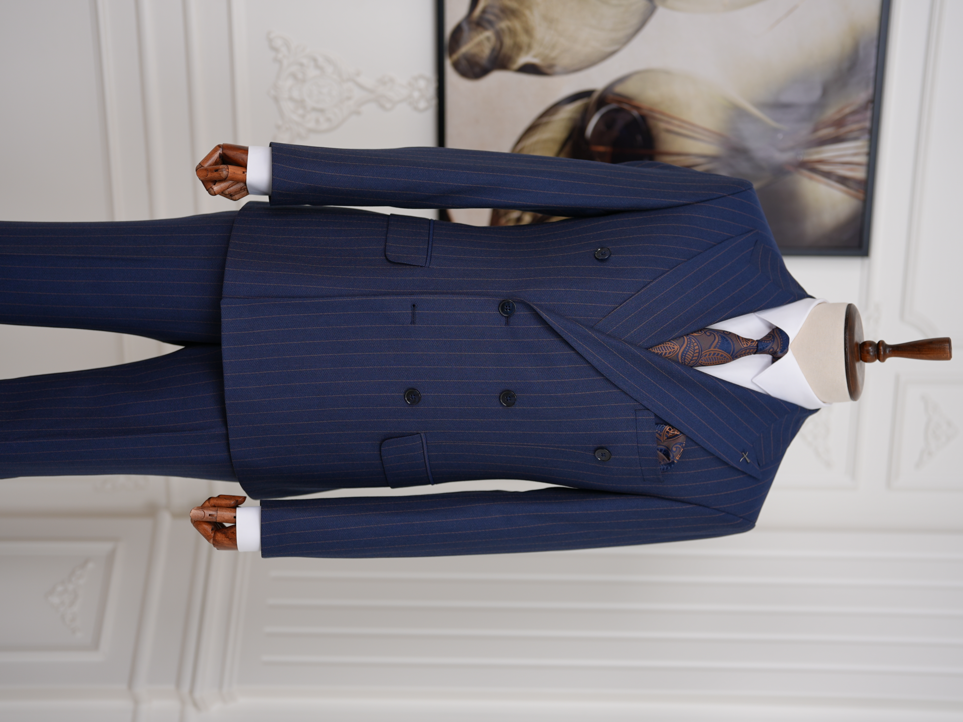 Premium Erkek Slim Fit İtalyan Stil Yarım Astarlı Çizgili Kruvaze Takım Elbise Ceket Pantolon - Lacivert