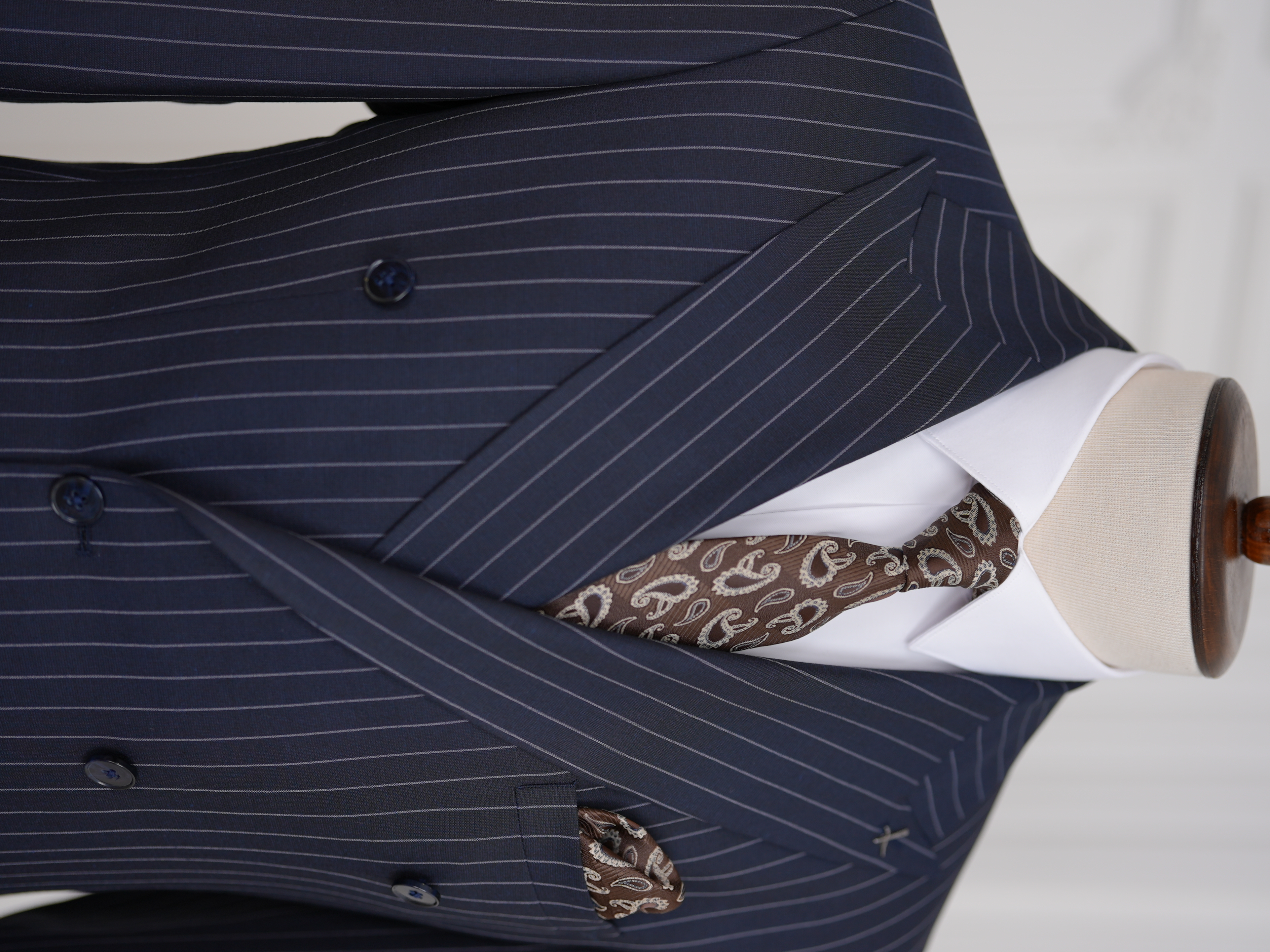 Premium Erkek Slim Fit İtalyan Stil Yarım Astarlı Çizgili Kruvaze Takım Elbise Ceket Pantolon - Koyu Lacivert