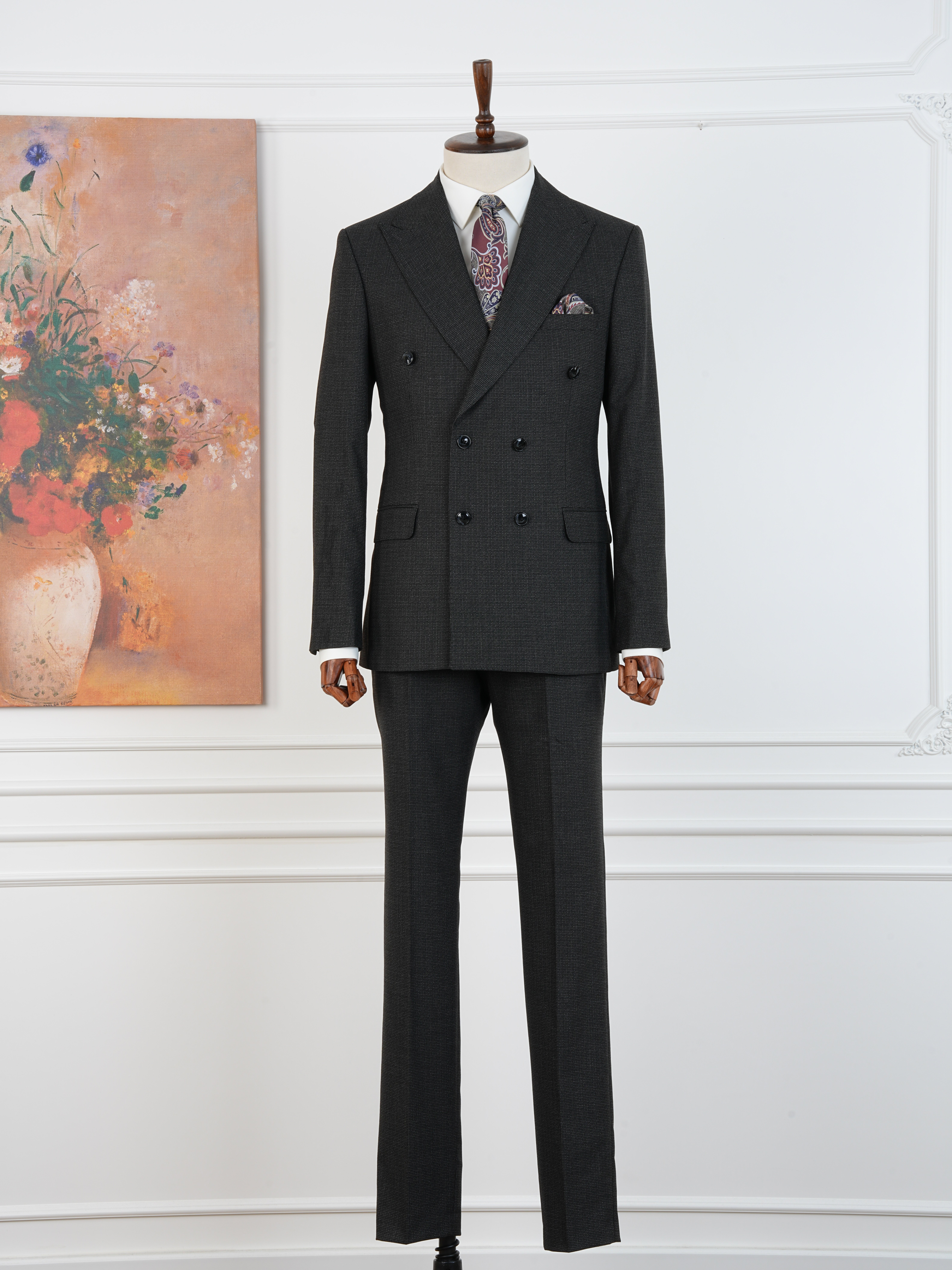 Premium Erkek Slim Fit İtalyan Stil Yarım Astarlı Kırcıllı Kruvaze Takım Elbise - Siyah