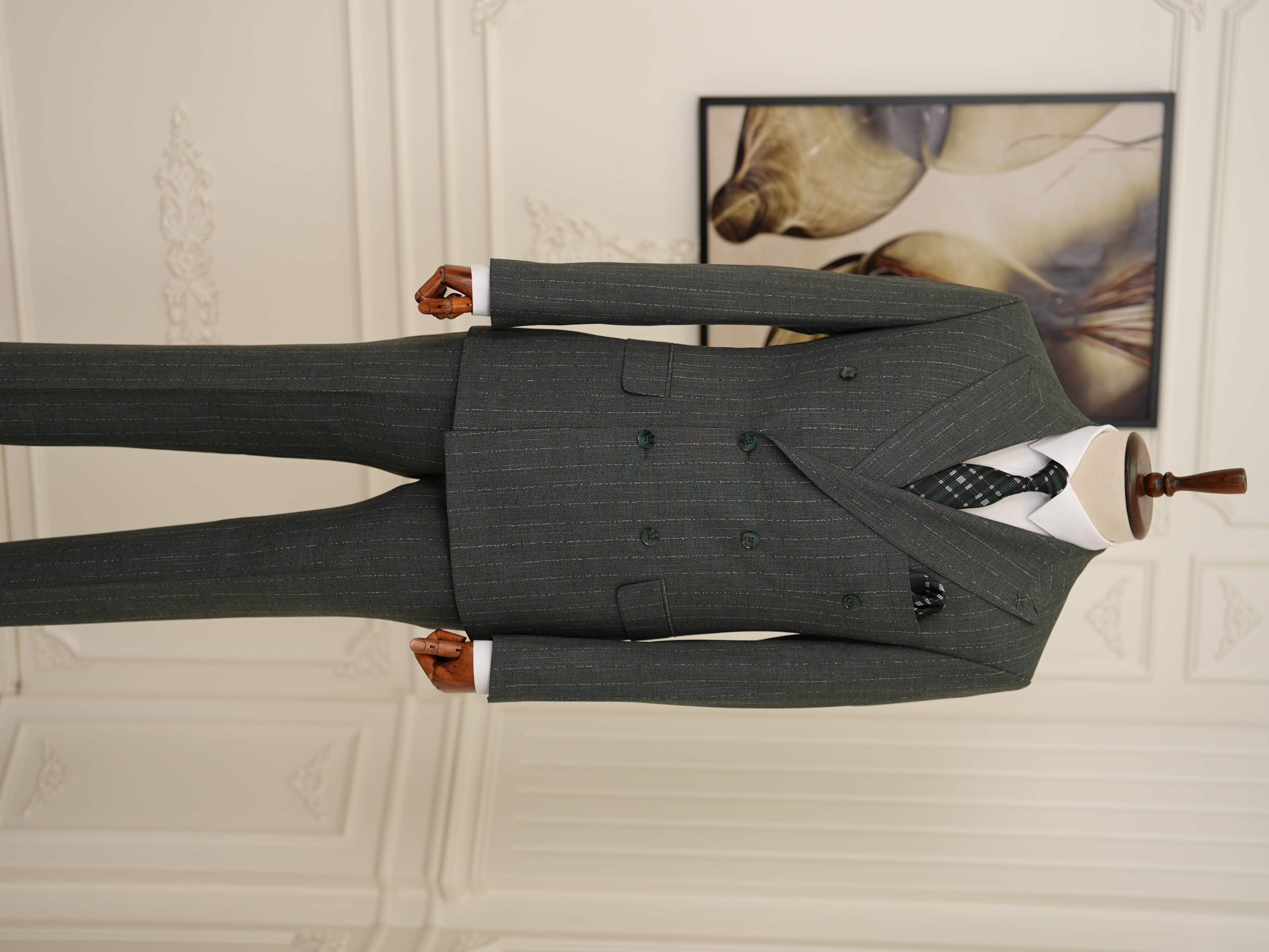 Premium Erkek Slim Fit İtalyan Stil Yarım Astarlı Çizgiliı Kruvaze Takım Elbise Ceket Pantolon - Yeşil