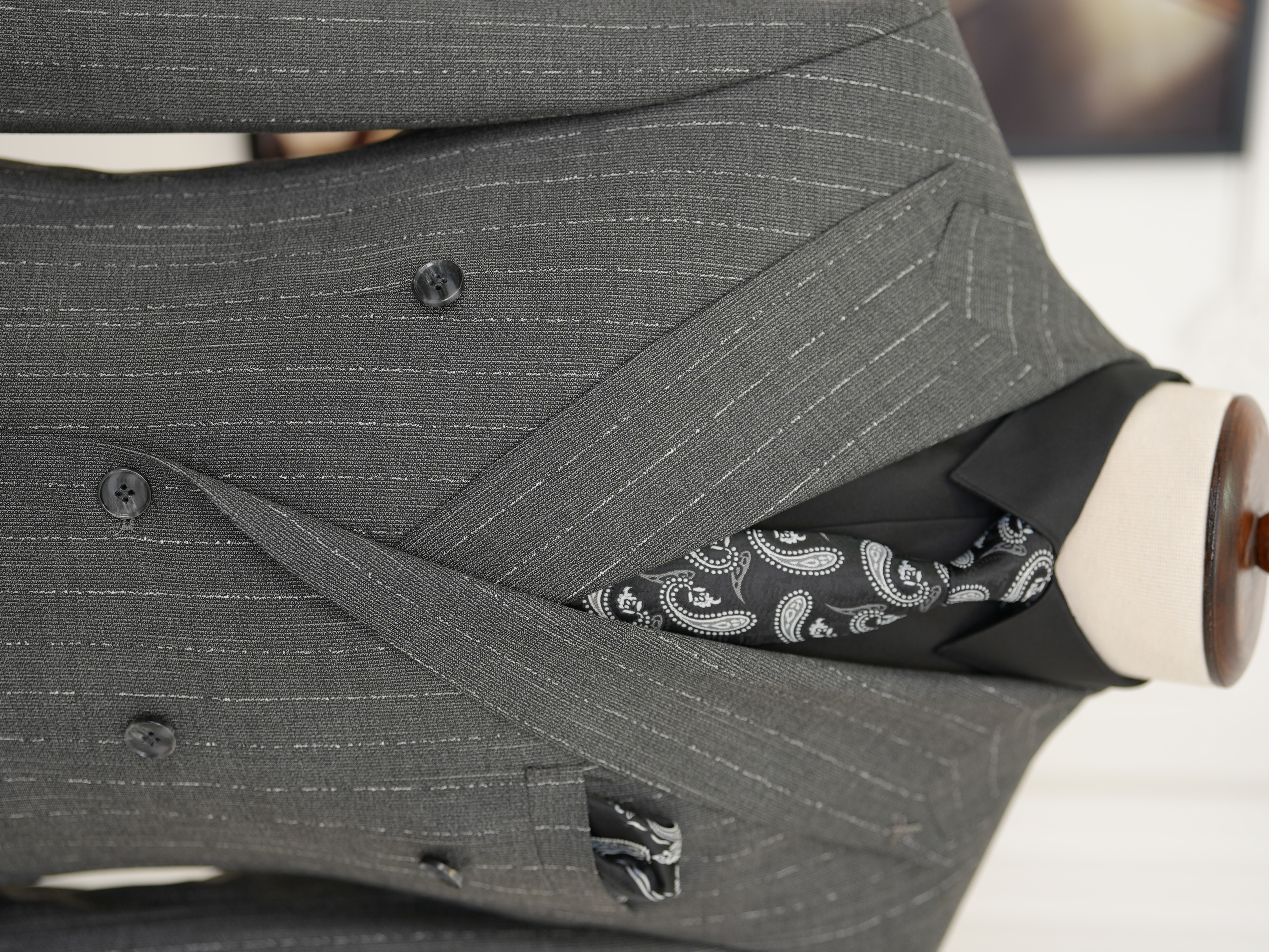 Premium Erkek Slim Fit İtalyan Stil Yarım Astarlı Çizgiliı Kruvaze Takım Elbise Ceket Pantolon - Gri