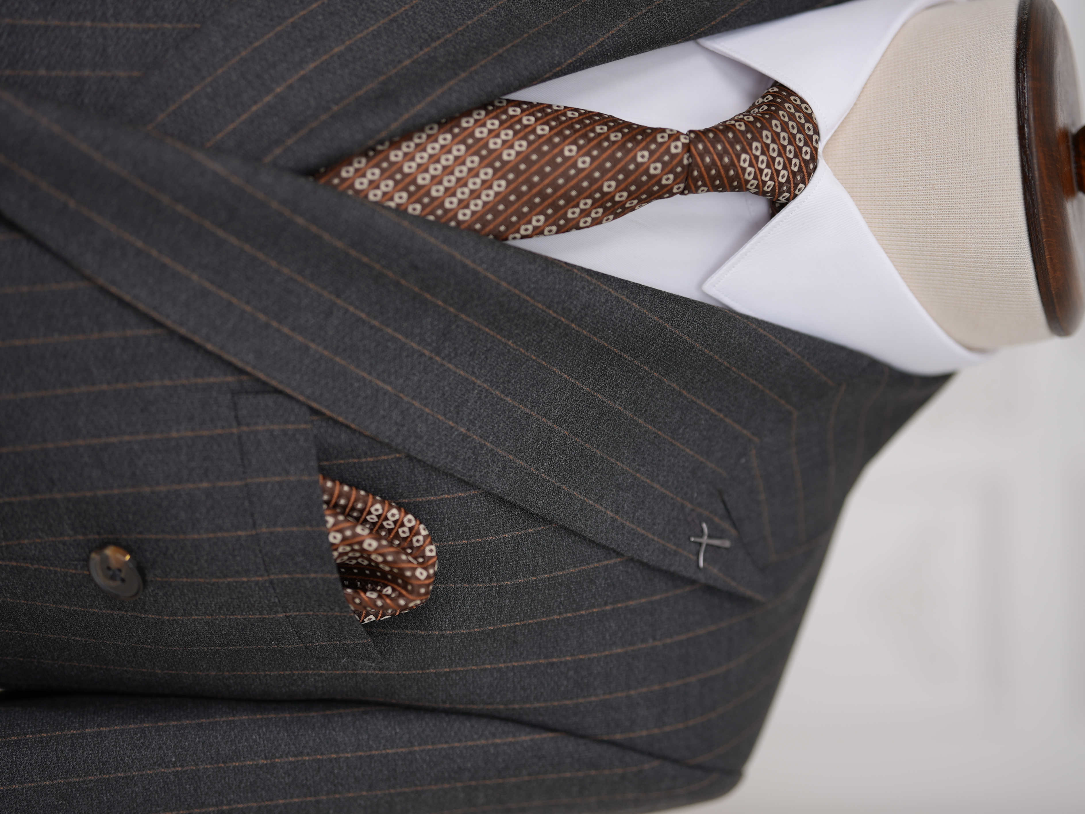 Premium Erkek Slim Fit İtalyan Stil Yarım Astarlı Çizgili Kruvaze Takım Elbise Ceket Pantolon - Acı Kahve