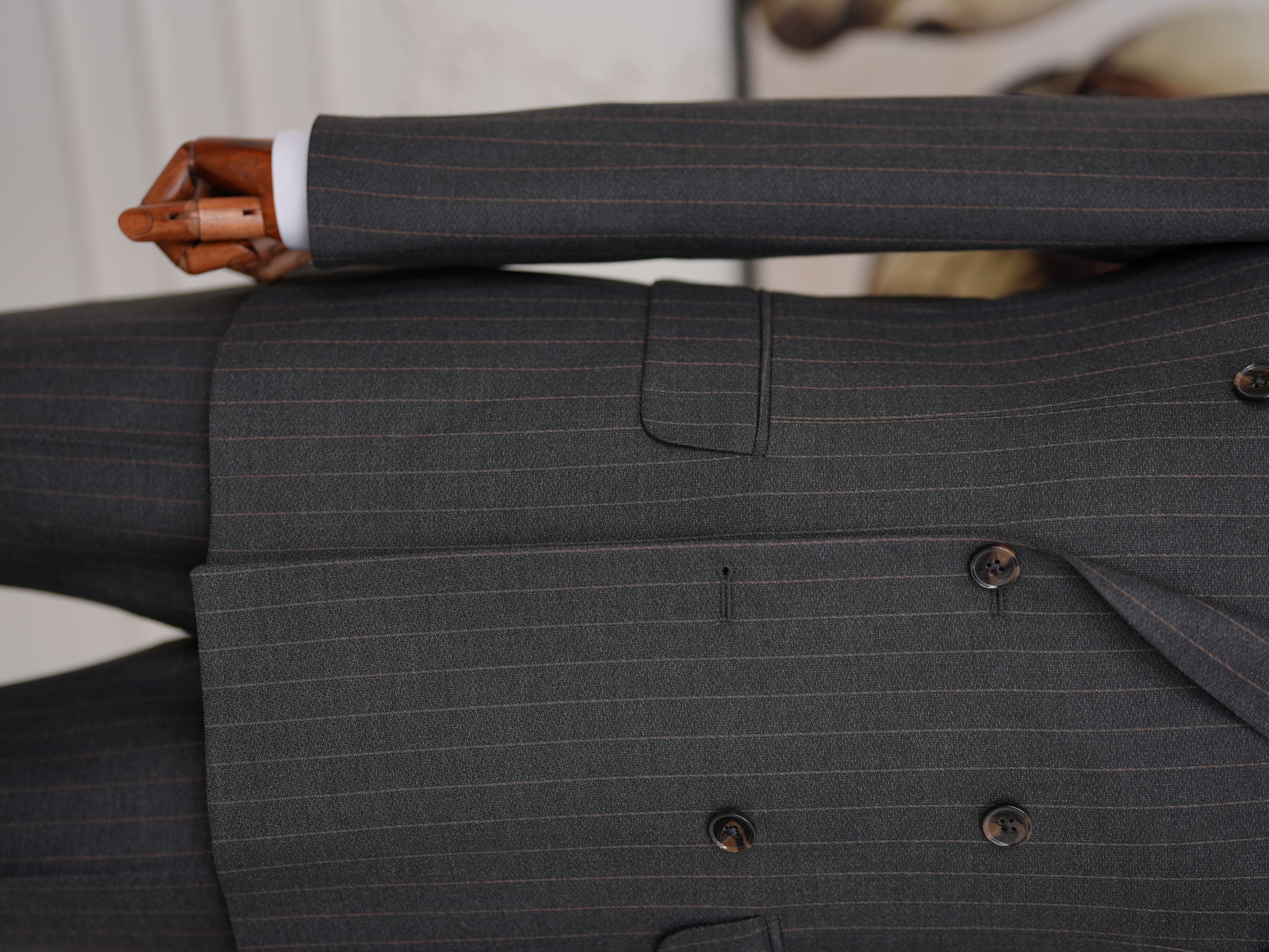 Premium Erkek Slim Fit İtalyan Stil Yarım Astarlı Çizgili Kruvaze Takım Elbise Ceket Pantolon - Acı Kahve