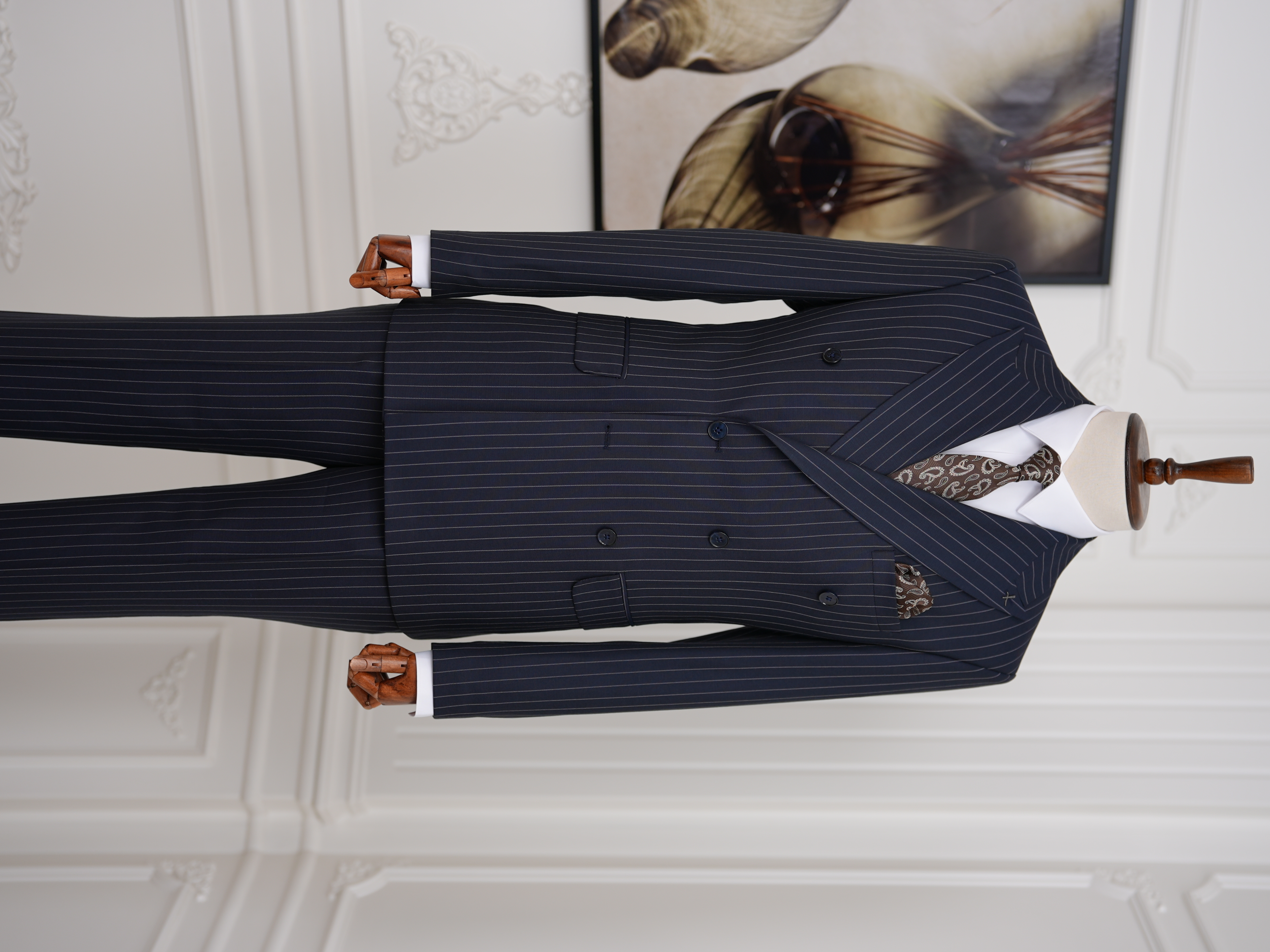 Premium Erkek Slim Fit İtalyan Stil Yarım Astarlı Çizgili Kruvaze Takım Elbise Ceket Pantolon - Koyu Lacivert