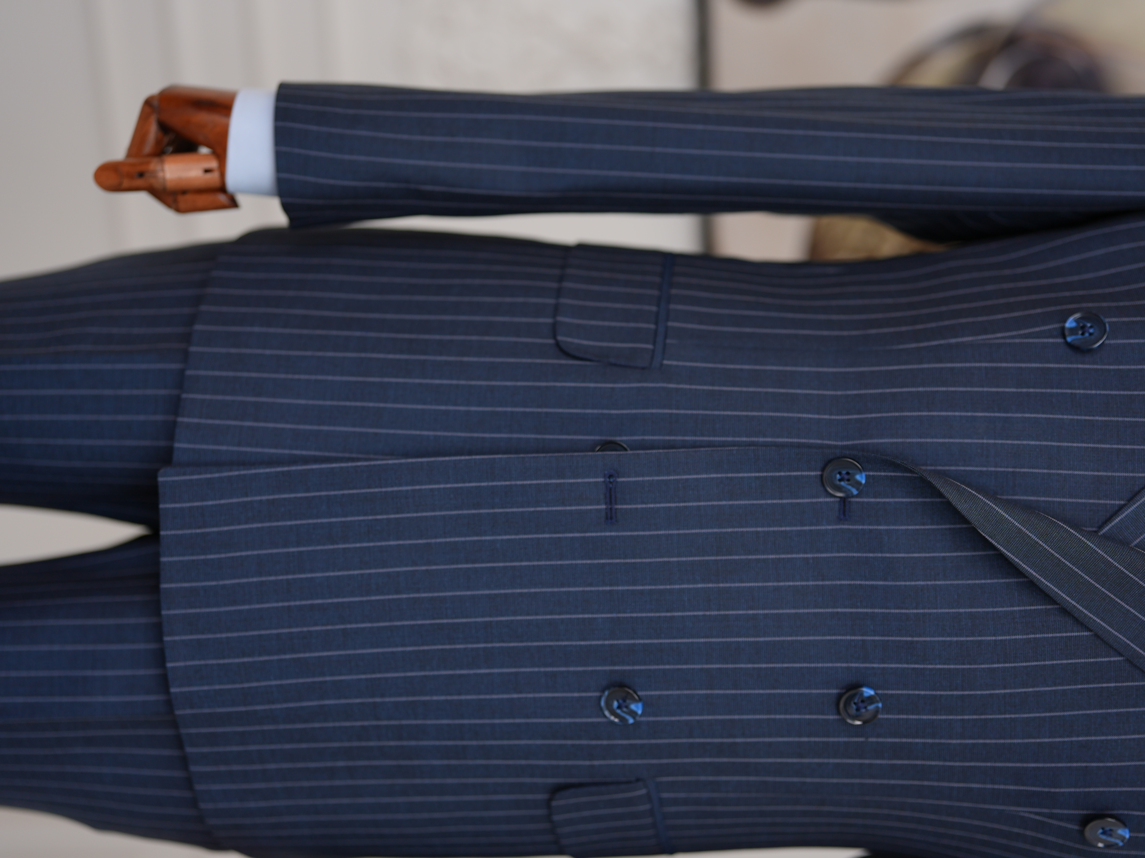 Premium Erkek Slim Fit İtalyan Stil Yarım Astarlı Çizgili Kruvaze Takım Elbise Ceket Pantolon - İndigo