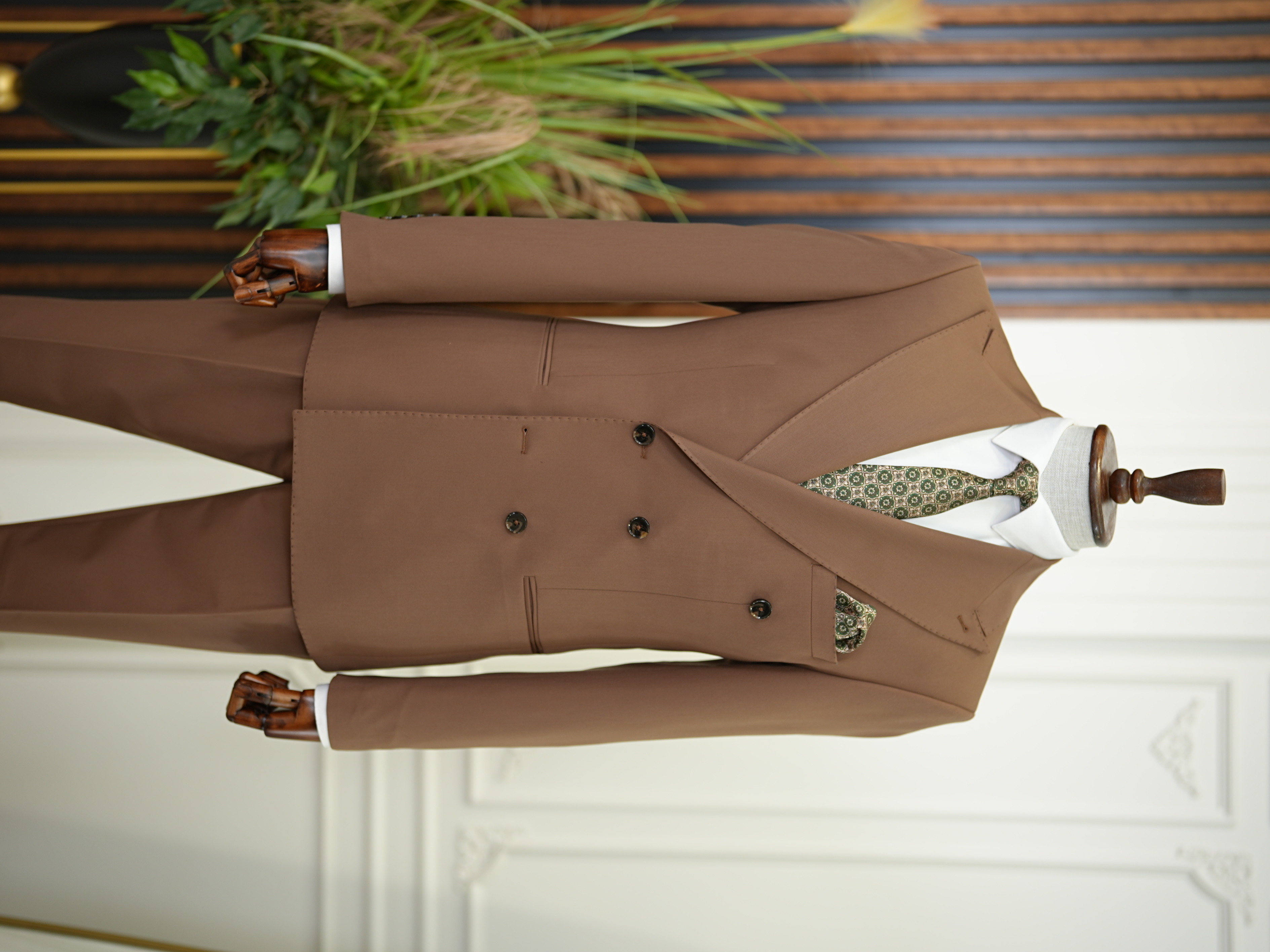 Premium Erkek Slim Fit İtayan Stil Modelli Pantolon Kruvaze Takım Elbise-Kahve