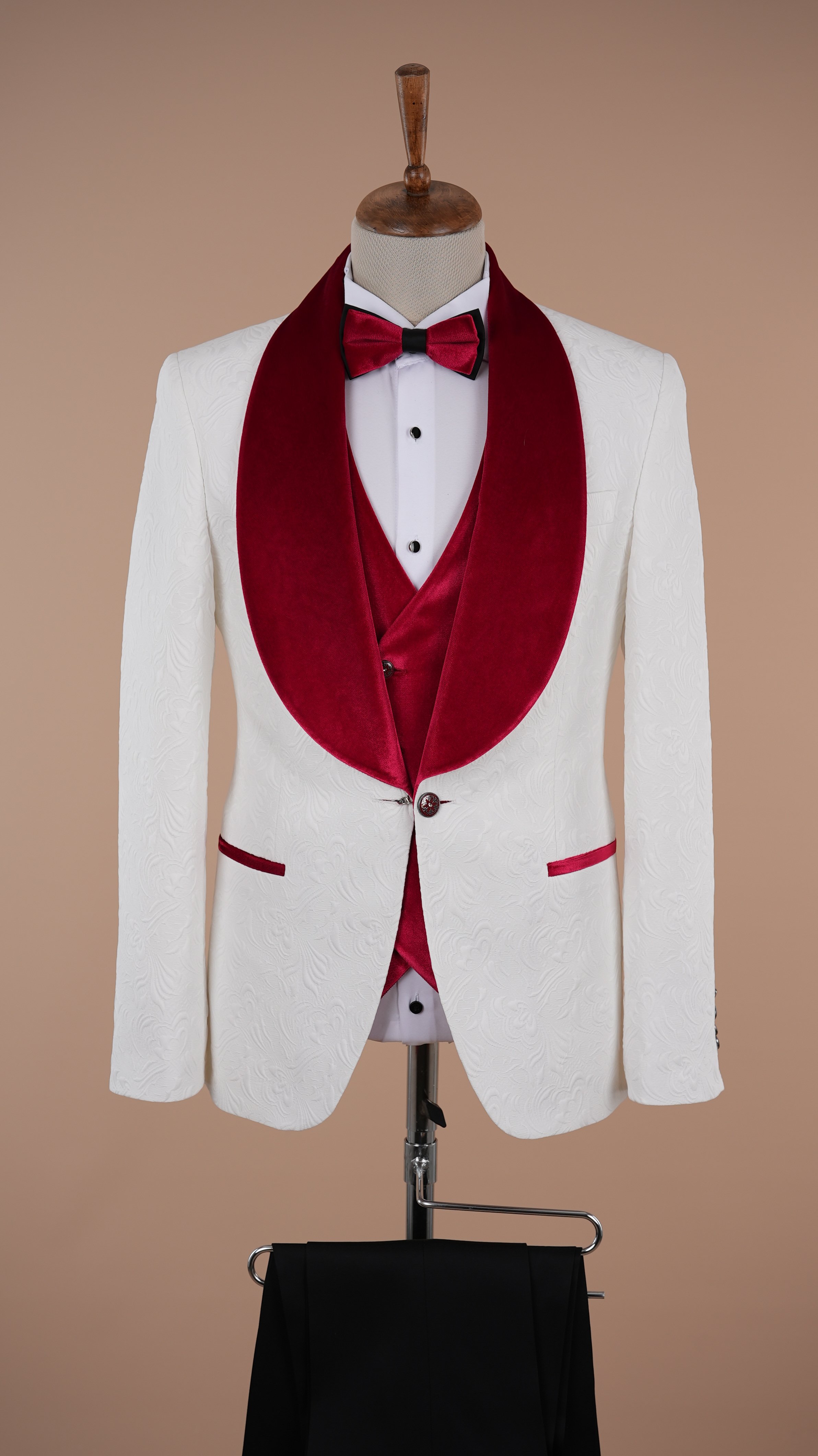 Premium Mens Slim Fit Jacquard Patterned Shawl Lapel White Groom Tuxedo Jacket Vest Trousers Bow Tie - Pink