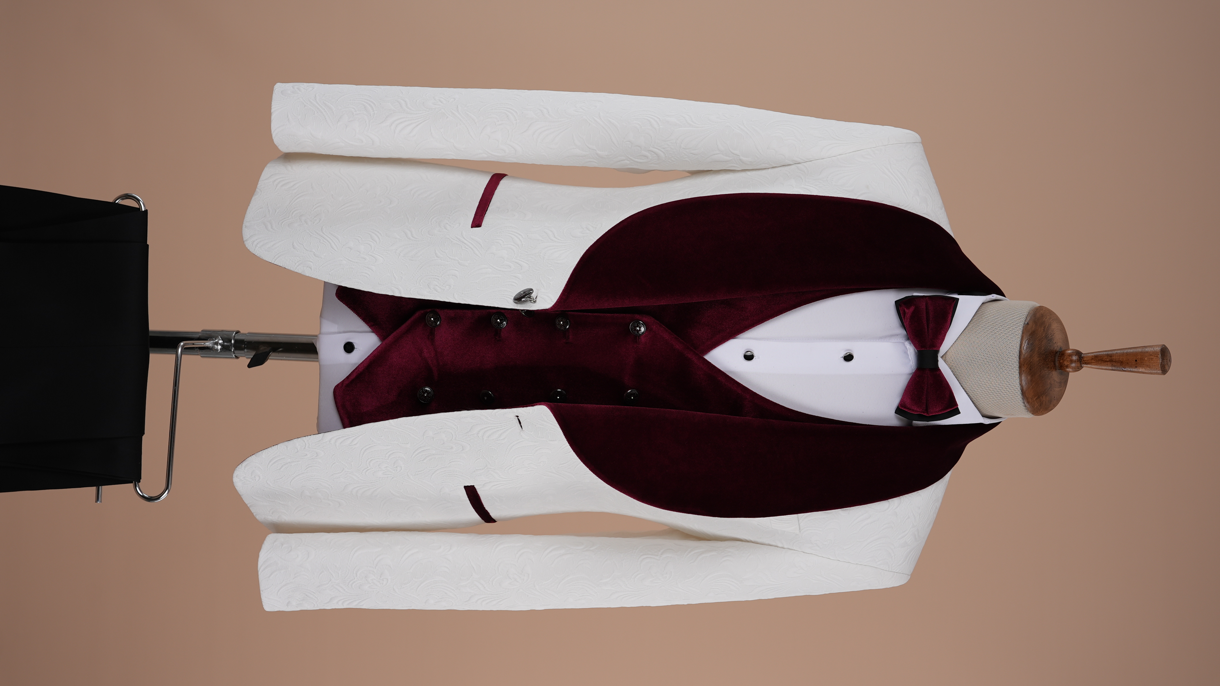 Premium Mens Slim Fit Jacquard Patterned Shawl Lapel White Groom Tuxedo Jacket Vest Trousers Bow Tie - Purple