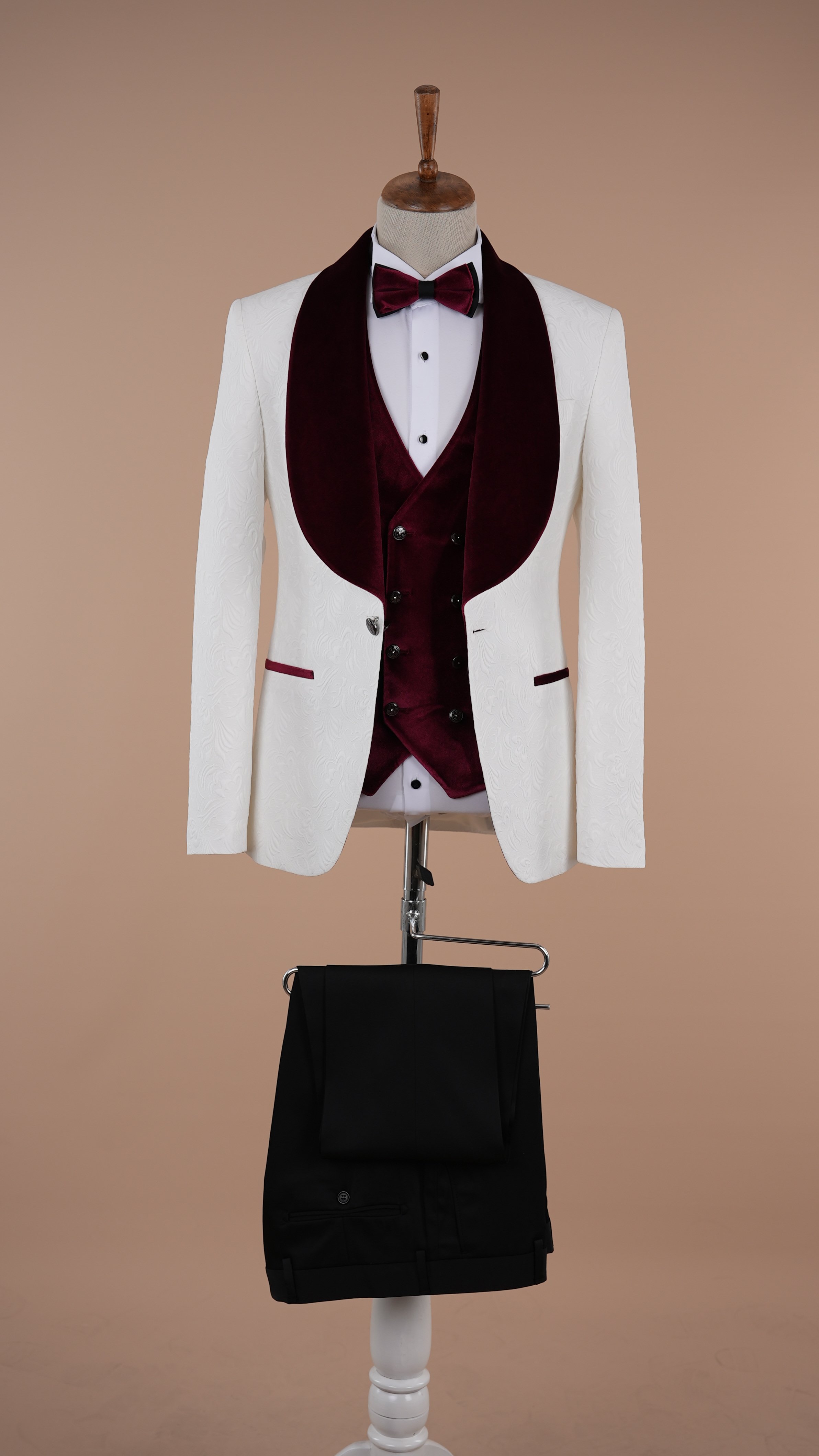 Premium Mens Slim Fit Jacquard Patterned Shawl Lapel White Groom Tuxedo Jacket Vest Trousers Bow Tie - Purple
