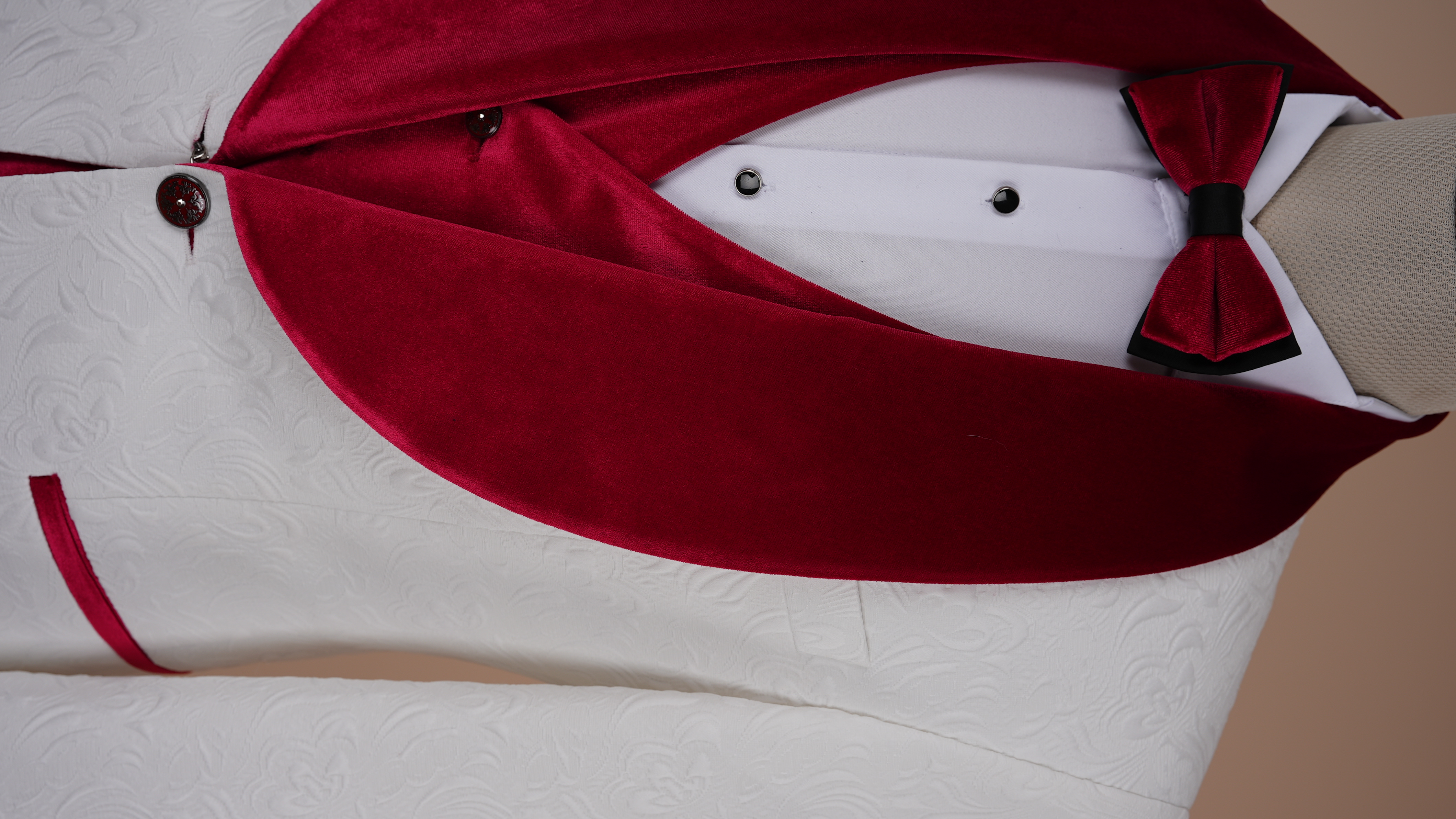 Premium Mens Slim Fit Jacquard Patterned Shawl Lapel White Groom Tuxedo Jacket Vest Trousers Bow Tie - Pink