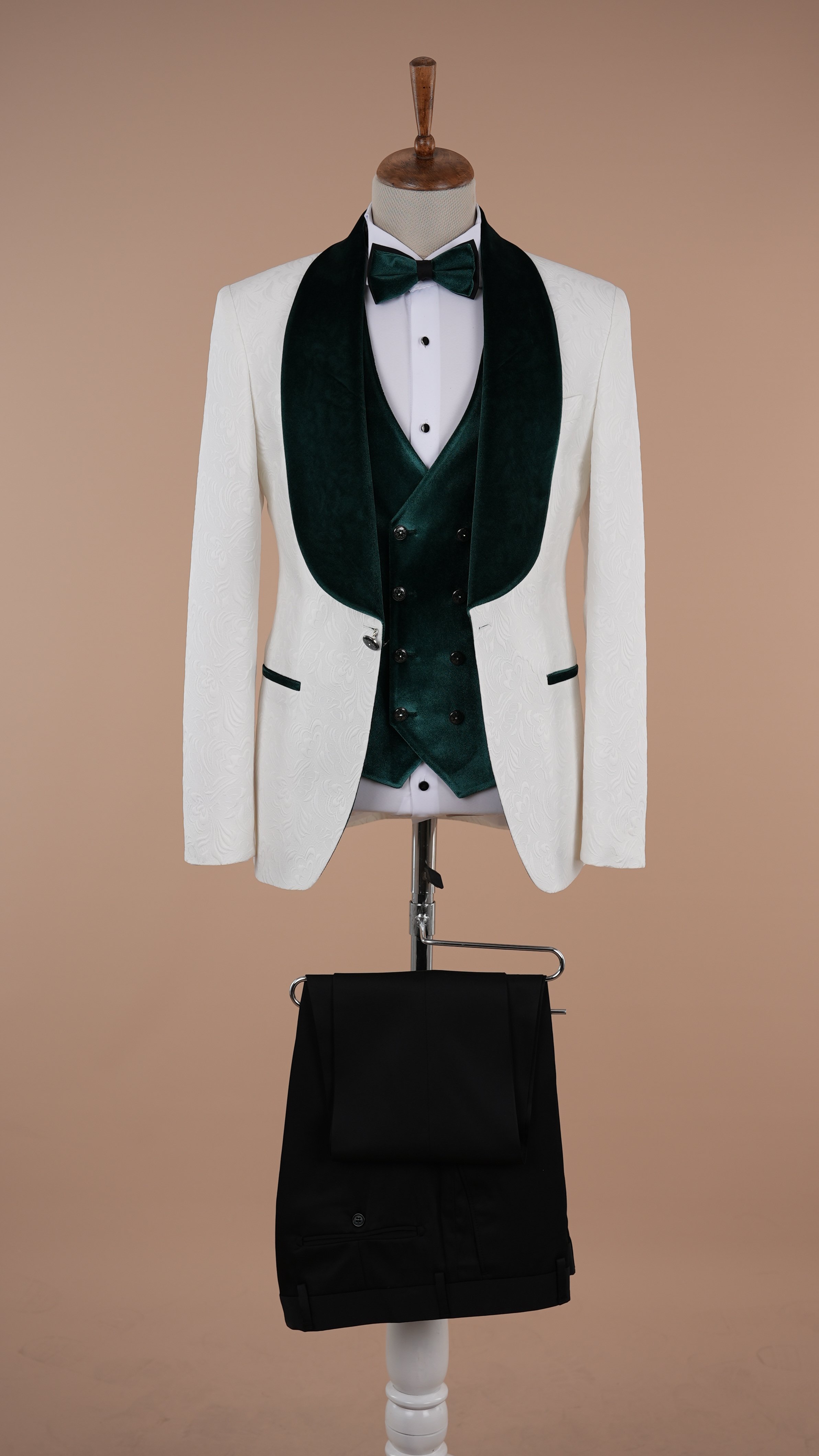 Premium Erkek Slim Fit Jakar Desenli Şal Yaka Beyaz Damatlık Smokin Ceket Yelek pantolon Papyon - Yeşil