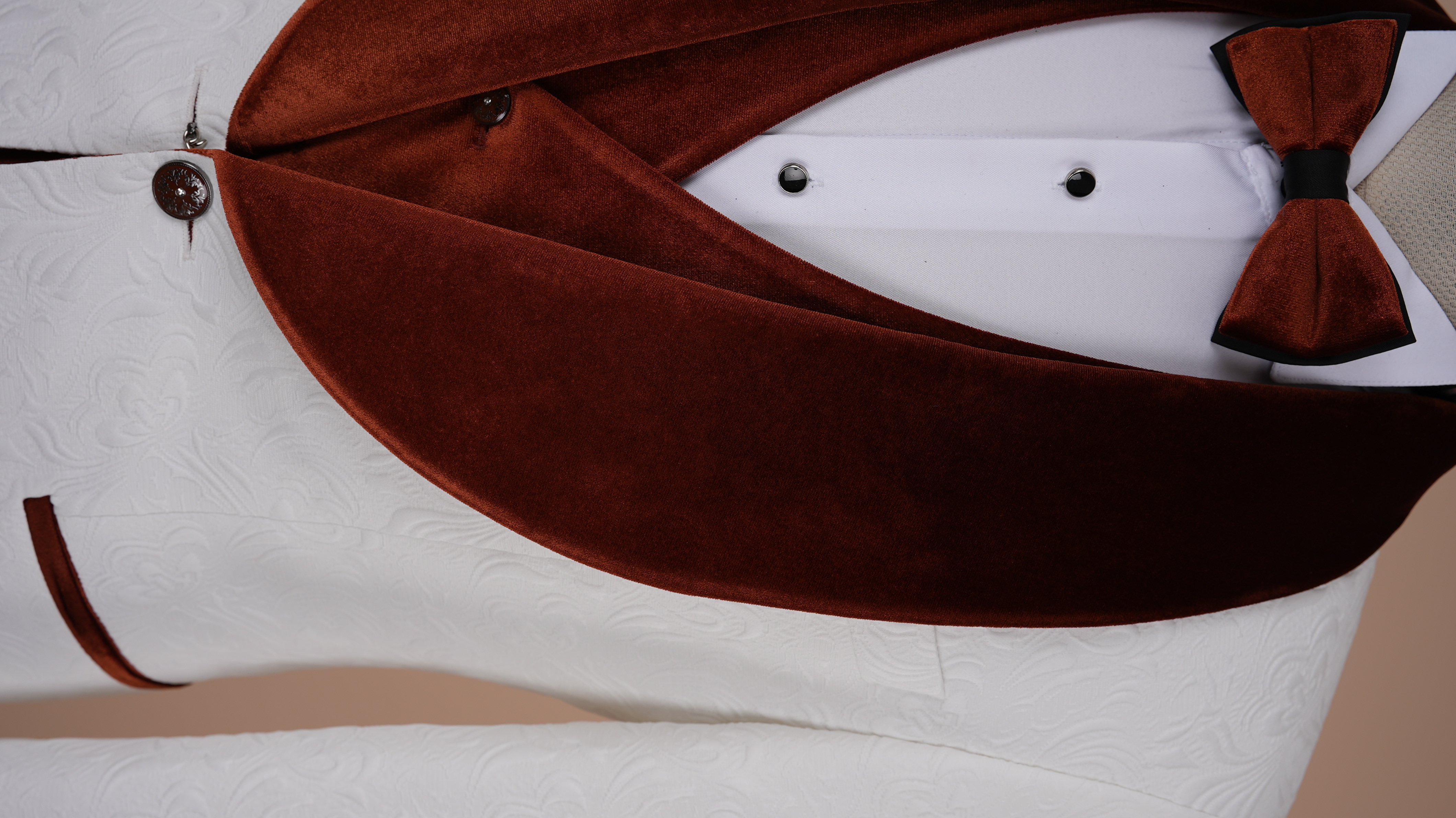 Premium Mens Slim Fit Jacquard Patterned Shawl Lapel White Groom Tuxedo Jacket Vest Trousers Bow Tie - Orange