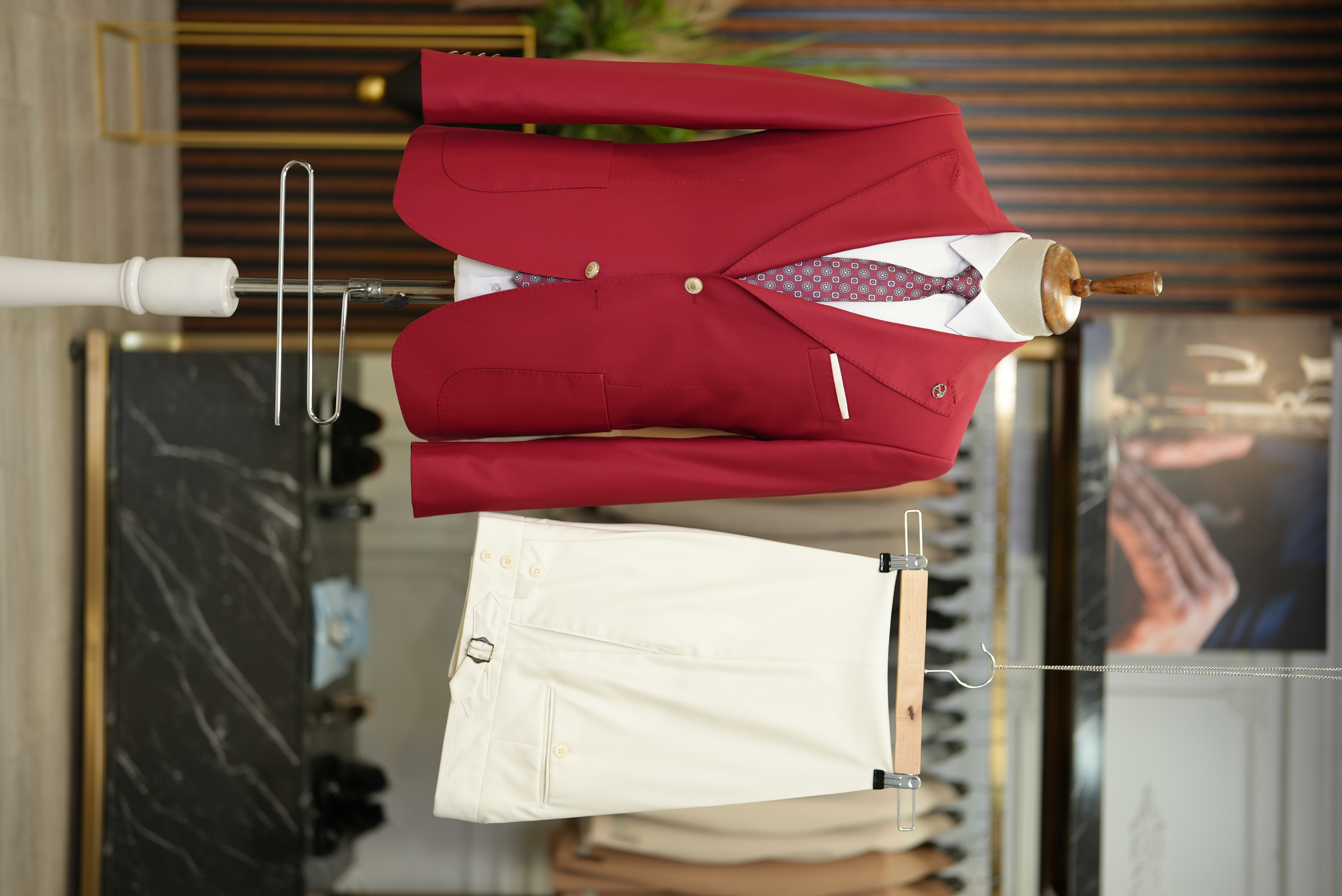 Premium Erkek Takım Elbise Punto Dikişli Tulum Cepli Ceket Pantolon - Kırmızı