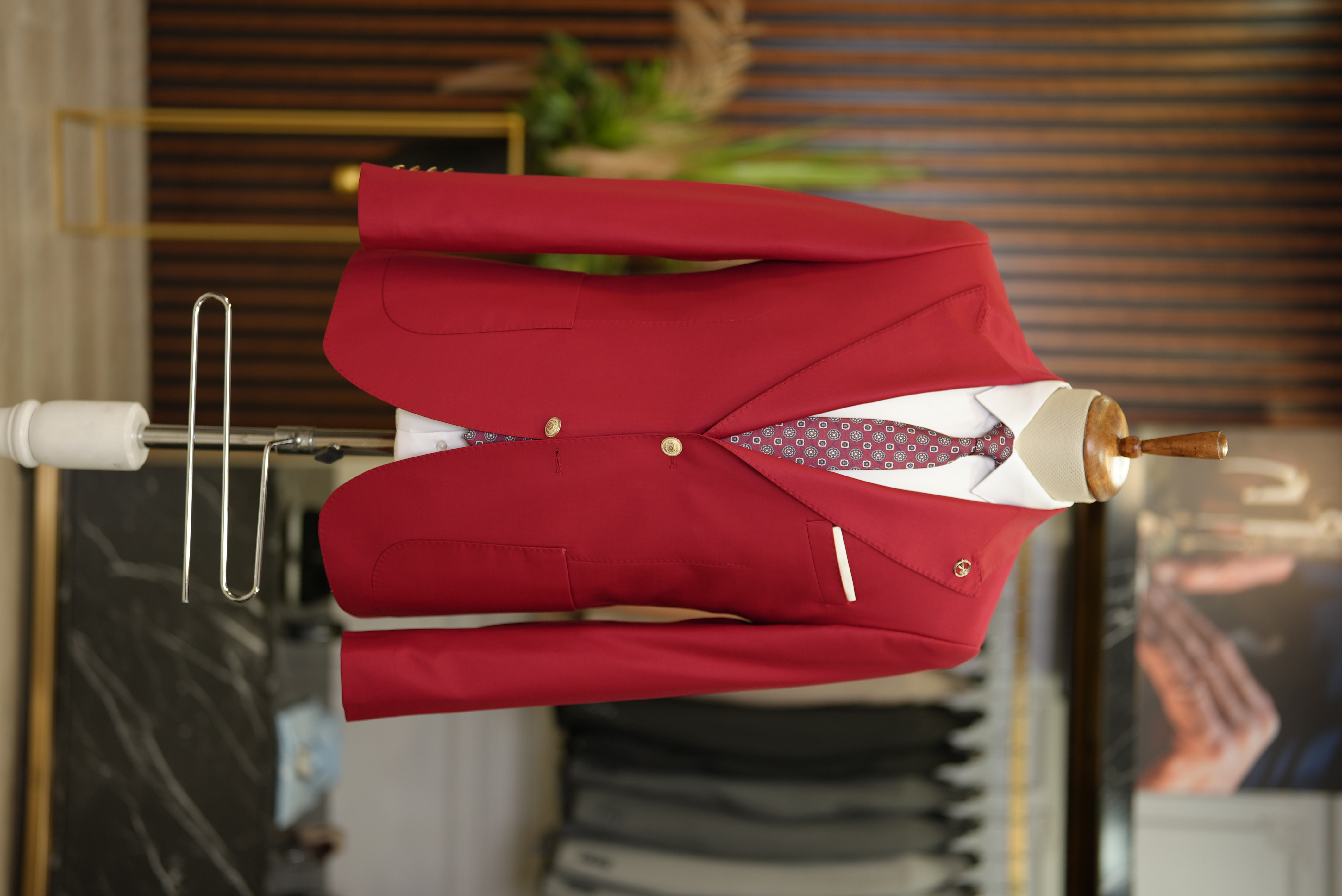 Premium Erkek Takım Elbise Punto Dikişli Tulum Cepli Ceket Pantolon - Kırmızı