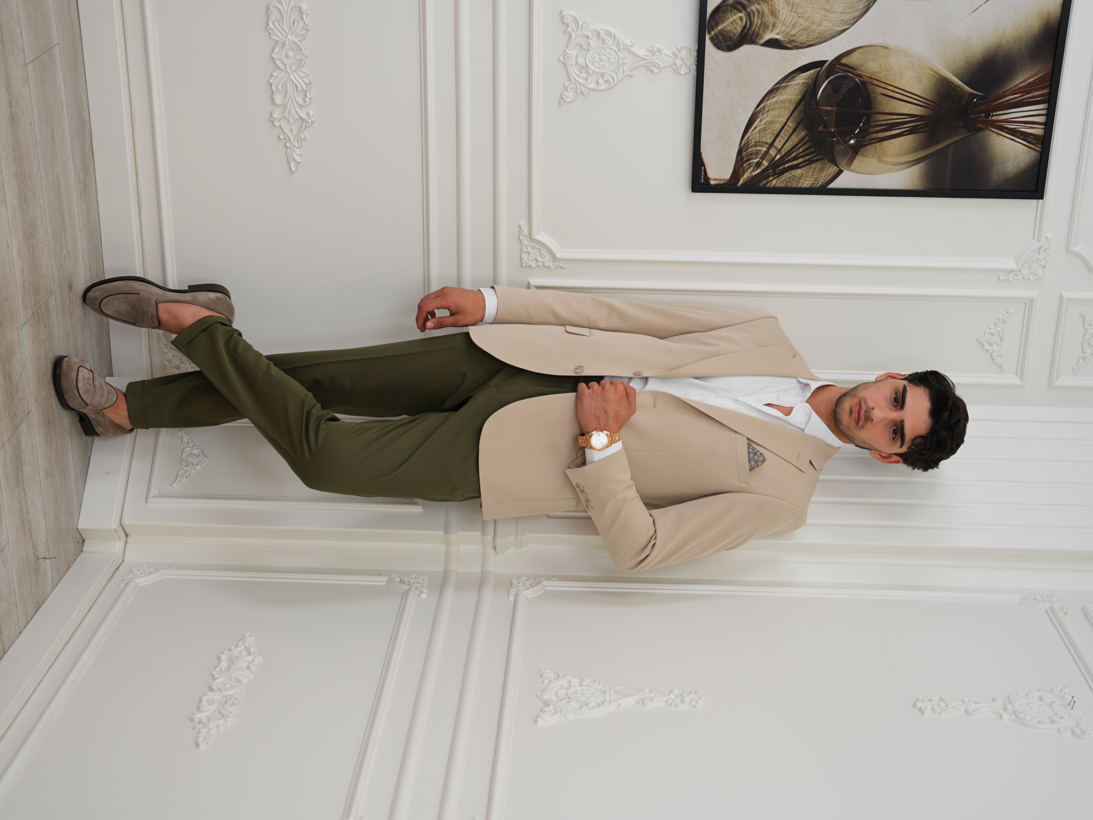 Premium İtalyan Stil Slim Fit Erkek Punto Dikişli Yarım Astarlı Ceket - Krem