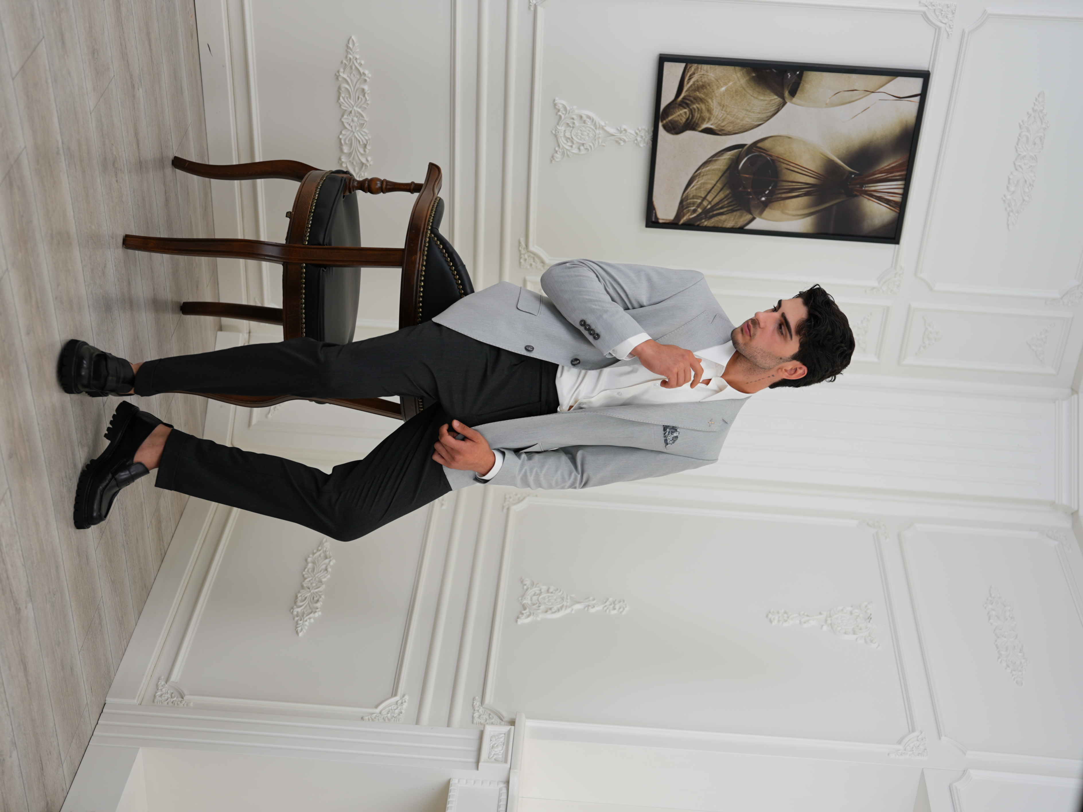 Premium İtalyan Stil Slim Fit Erkek Punto Dikişli Yarım Astarlı Ceket - Acık Gri