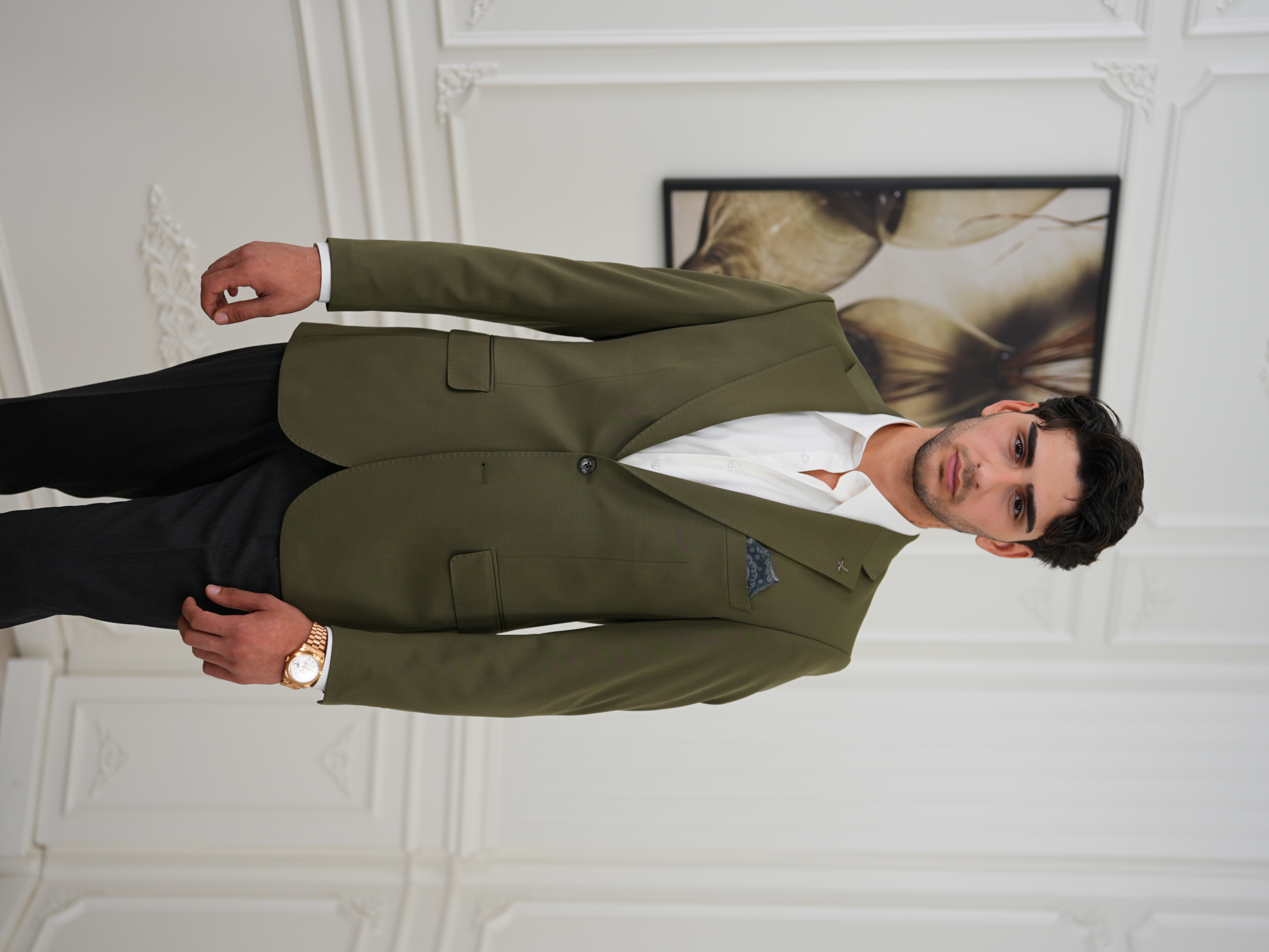 Premium İtalyan Stil Slim Fit Erkek Punto Dikişli Yarım Astarlı Ceket - Haki