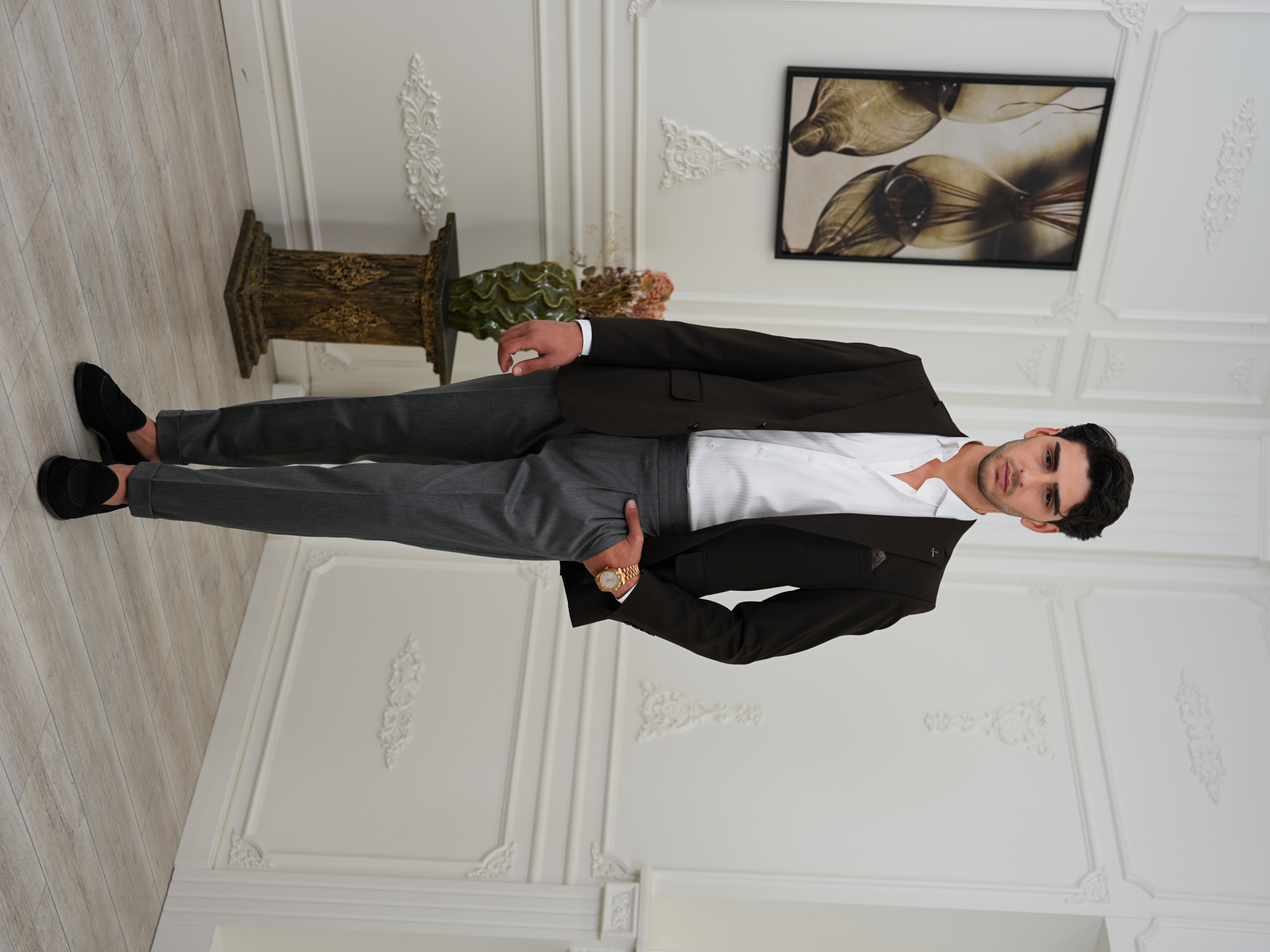 Premium İtalyan Stil Slim Fit Erkek Punto Dikişli Yarım Astarlı Ceket - Acı Kahve