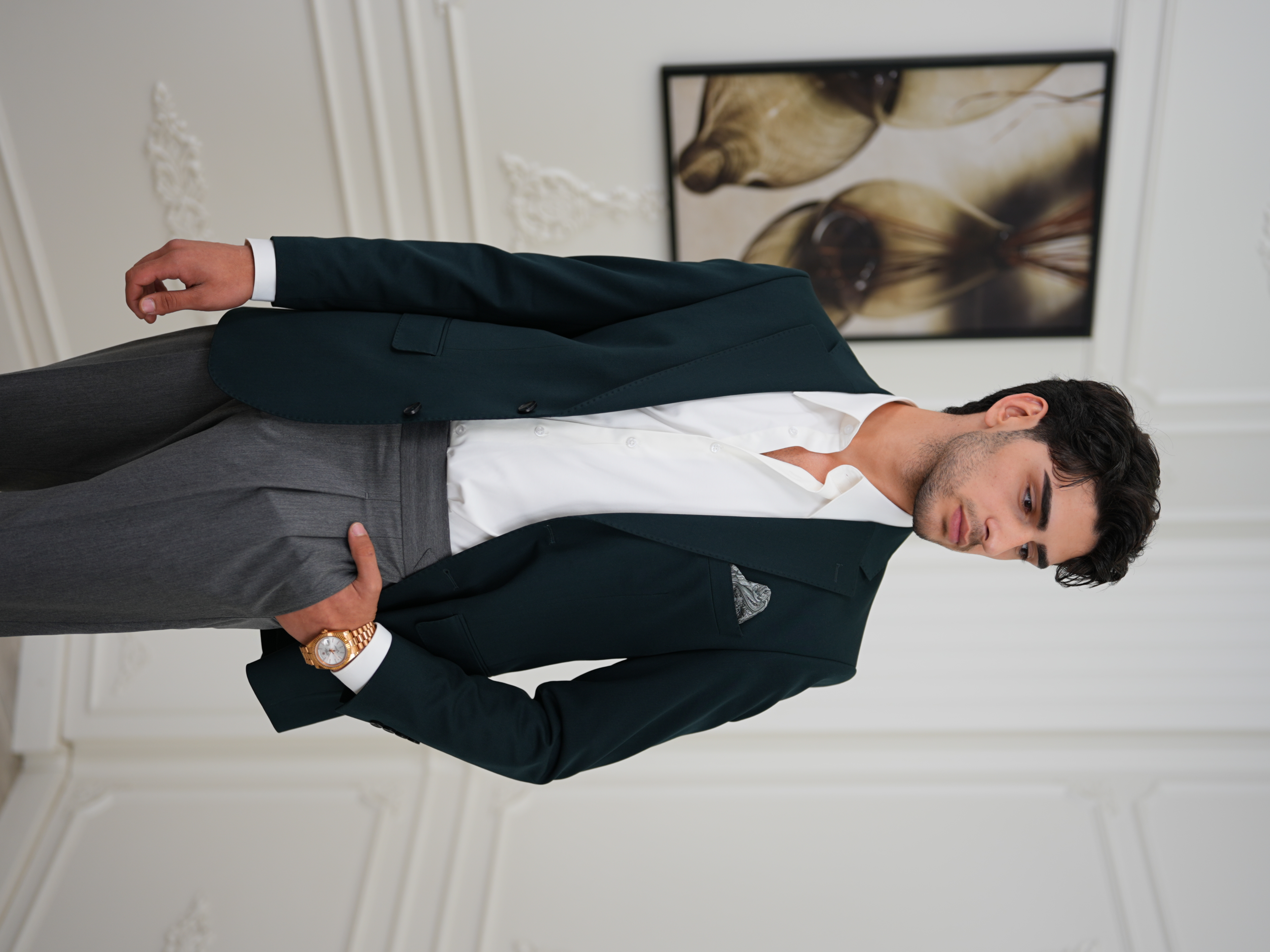 Premium İtalyan Stil Slim Fit Erkek Punto Dikişli Yarım Astarlı Ceket - Yeşil