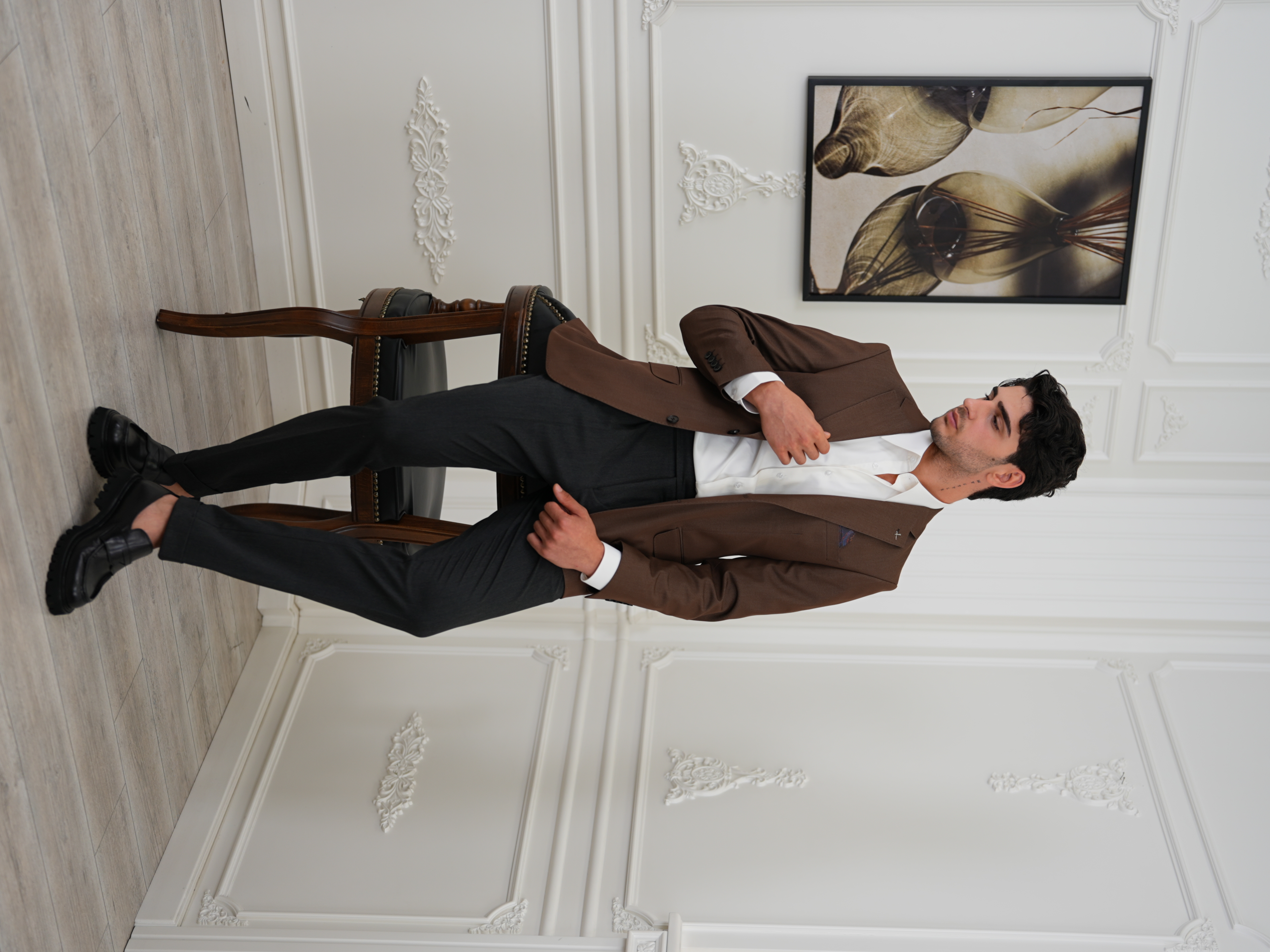 Premium İtalyan Stil Slim Fit Erkek Punto Dikişli Yarım Astarlı Ceket - Kahve