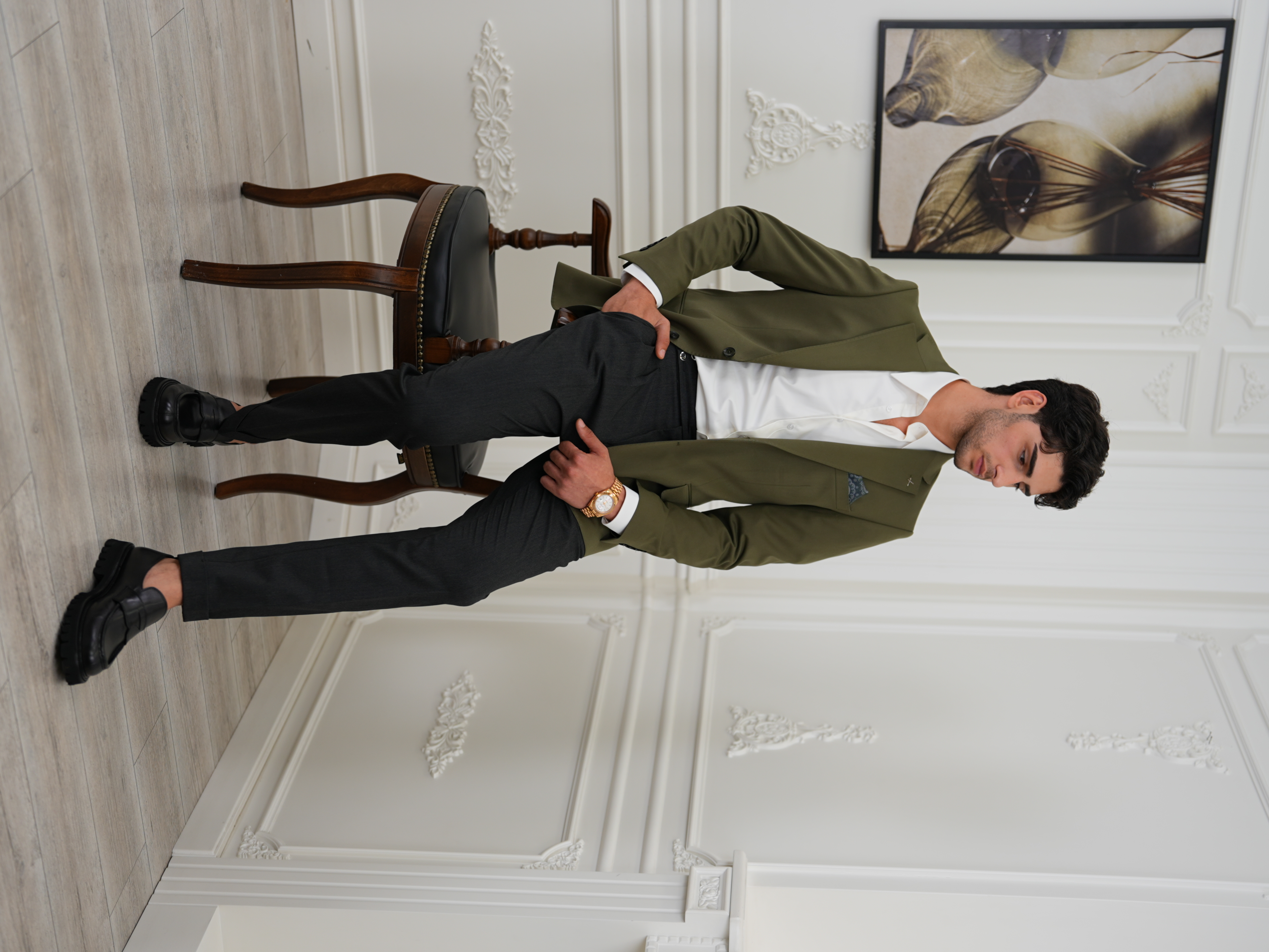 Premium İtalyan Stil Slim Fit Erkek Punto Dikişli Yarım Astarlı Ceket - Haki