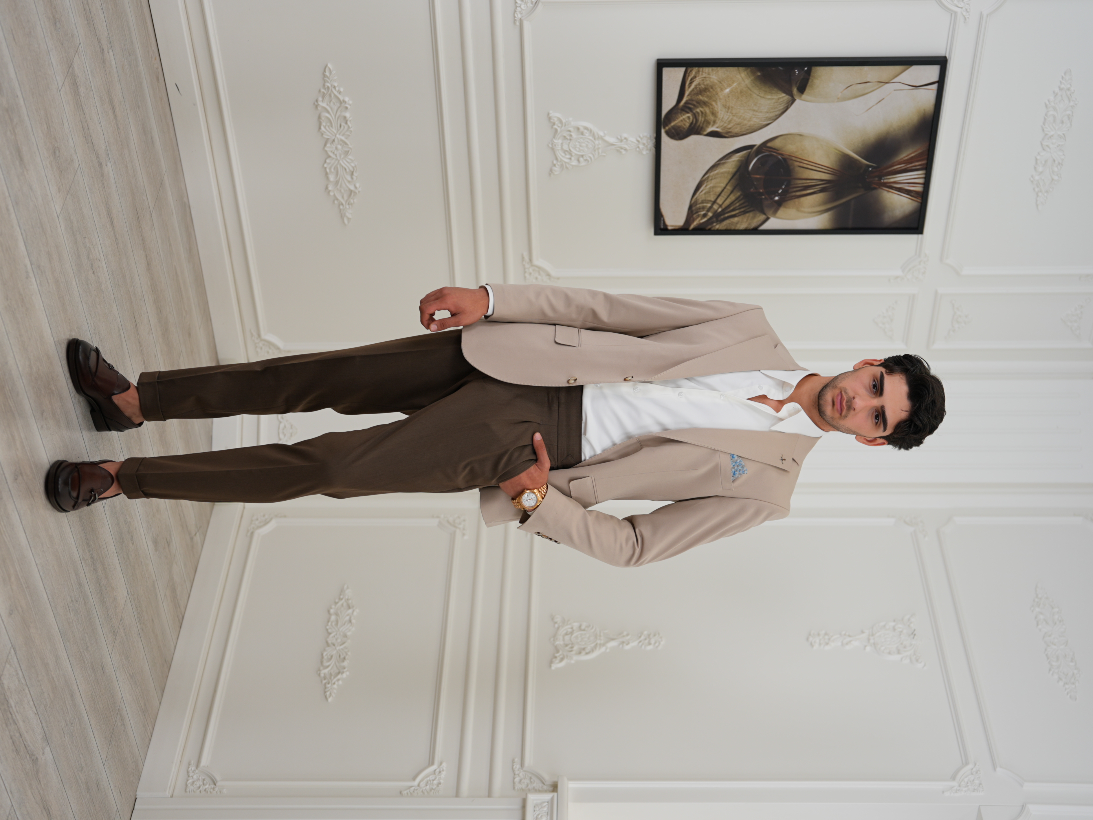 Premium İtalyan Stil Slim Fit Erkek Punto Dikişli Yarım Astarlı Ceket - Bej