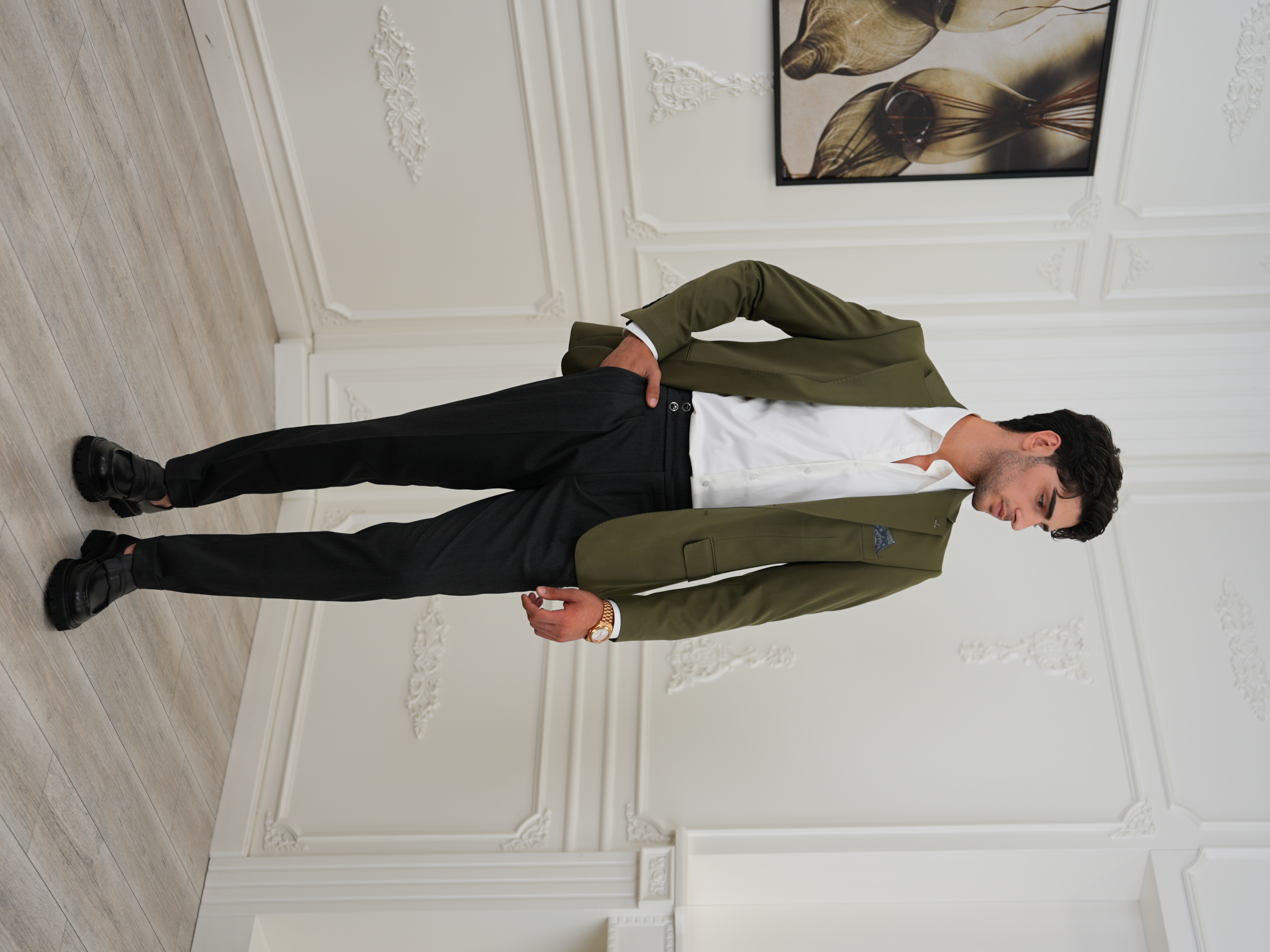 Premium İtalyan Stil Slim Fit Erkek Punto Dikişli Yarım Astarlı Ceket - Haki