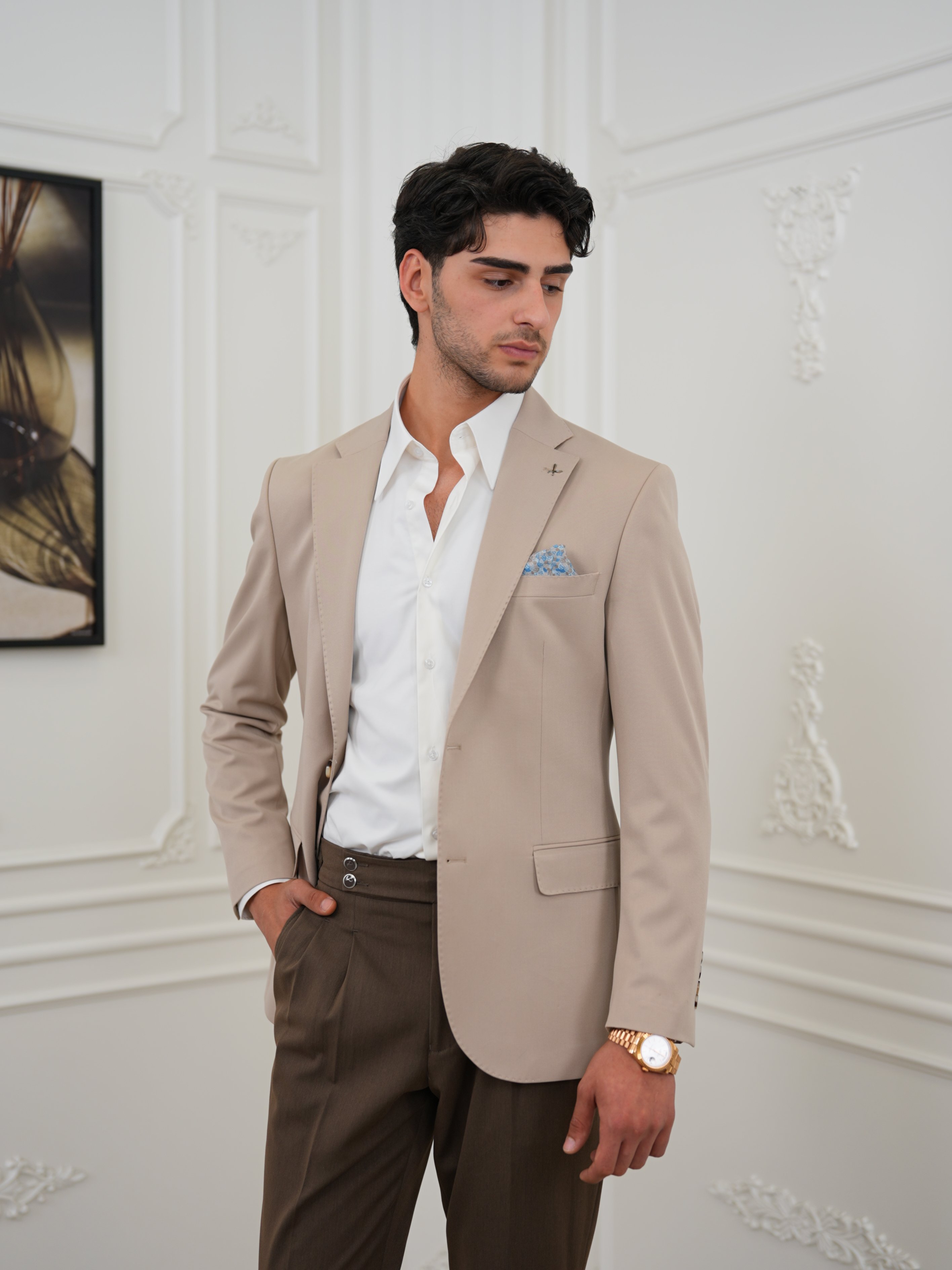 Premium İtalyan Stil Slim Fit Erkek Punto Dikişli Yarım Astarlı Ceket - Bej