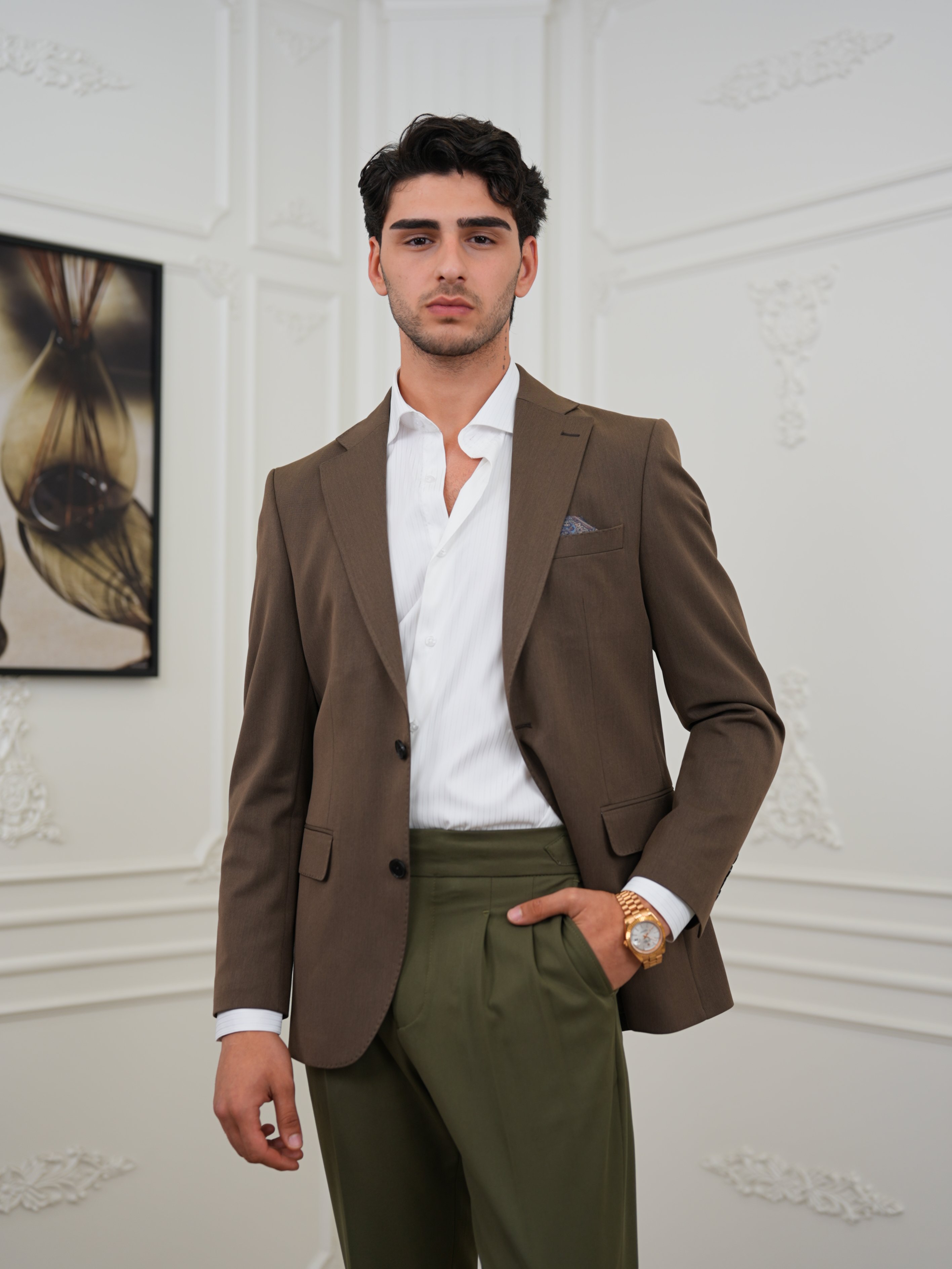 Premium İtalyan Stil Slim Fit Erkek Punto Dikişli Yarım Astarlı Ceket - Sütlü Kahve
