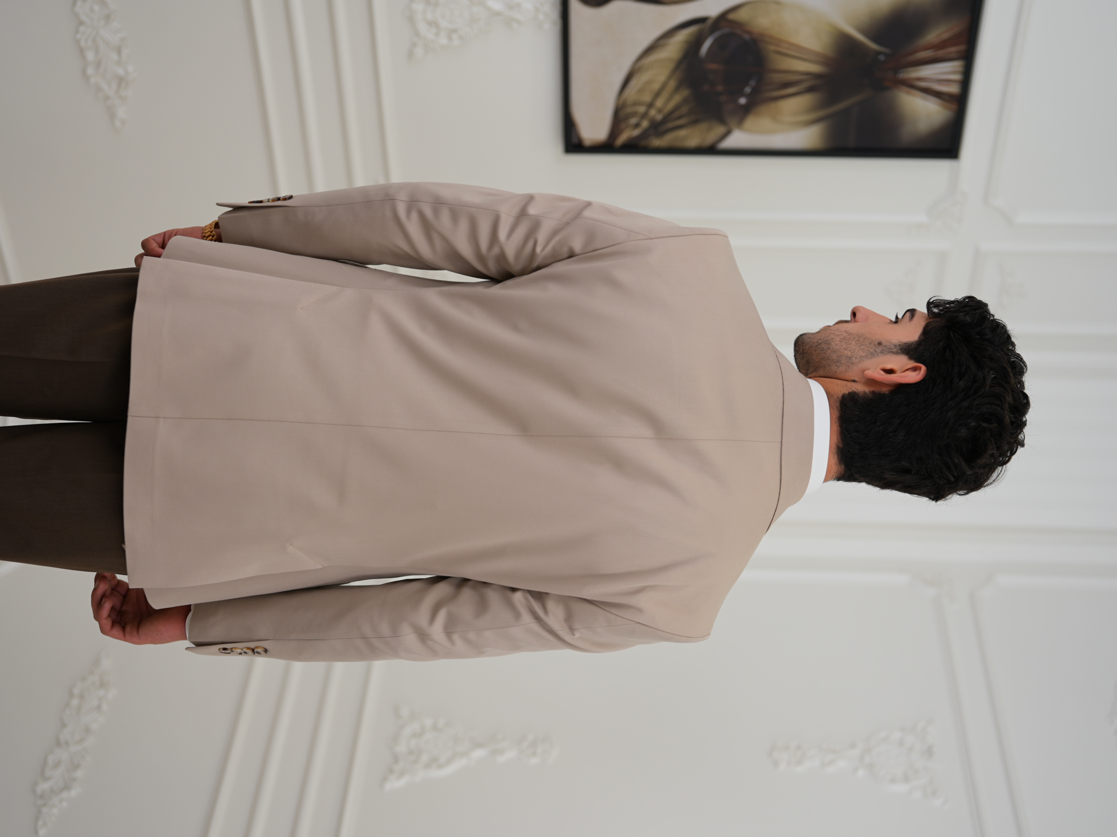 Premium İtalyan Stil Slim Fit Erkek Punto Dikişli Yarım Astarlı Ceket - Bej
