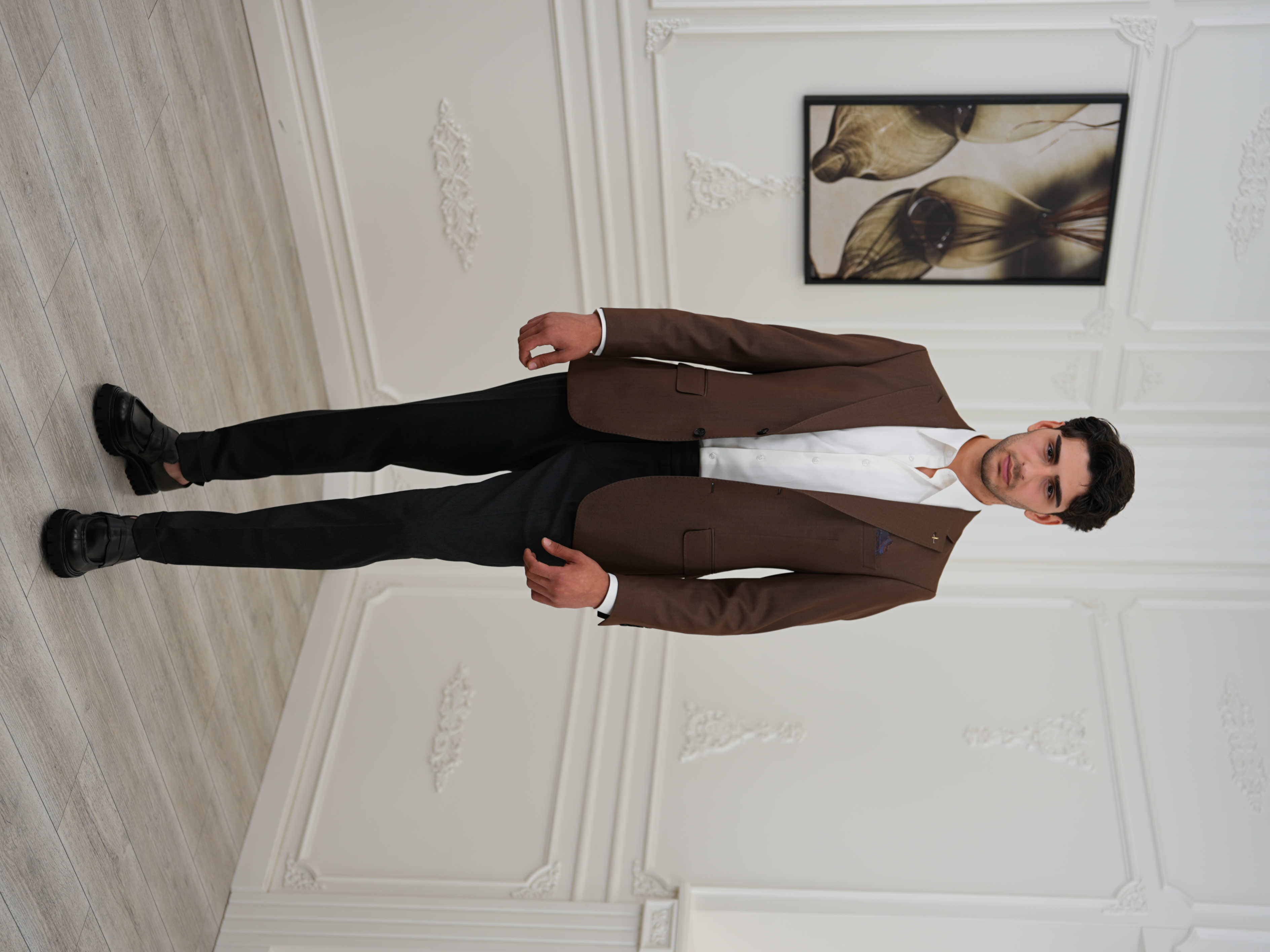 Premium İtalyan Stil Slim Fit Erkek Punto Dikişli Yarım Astarlı Ceket - Kahve
