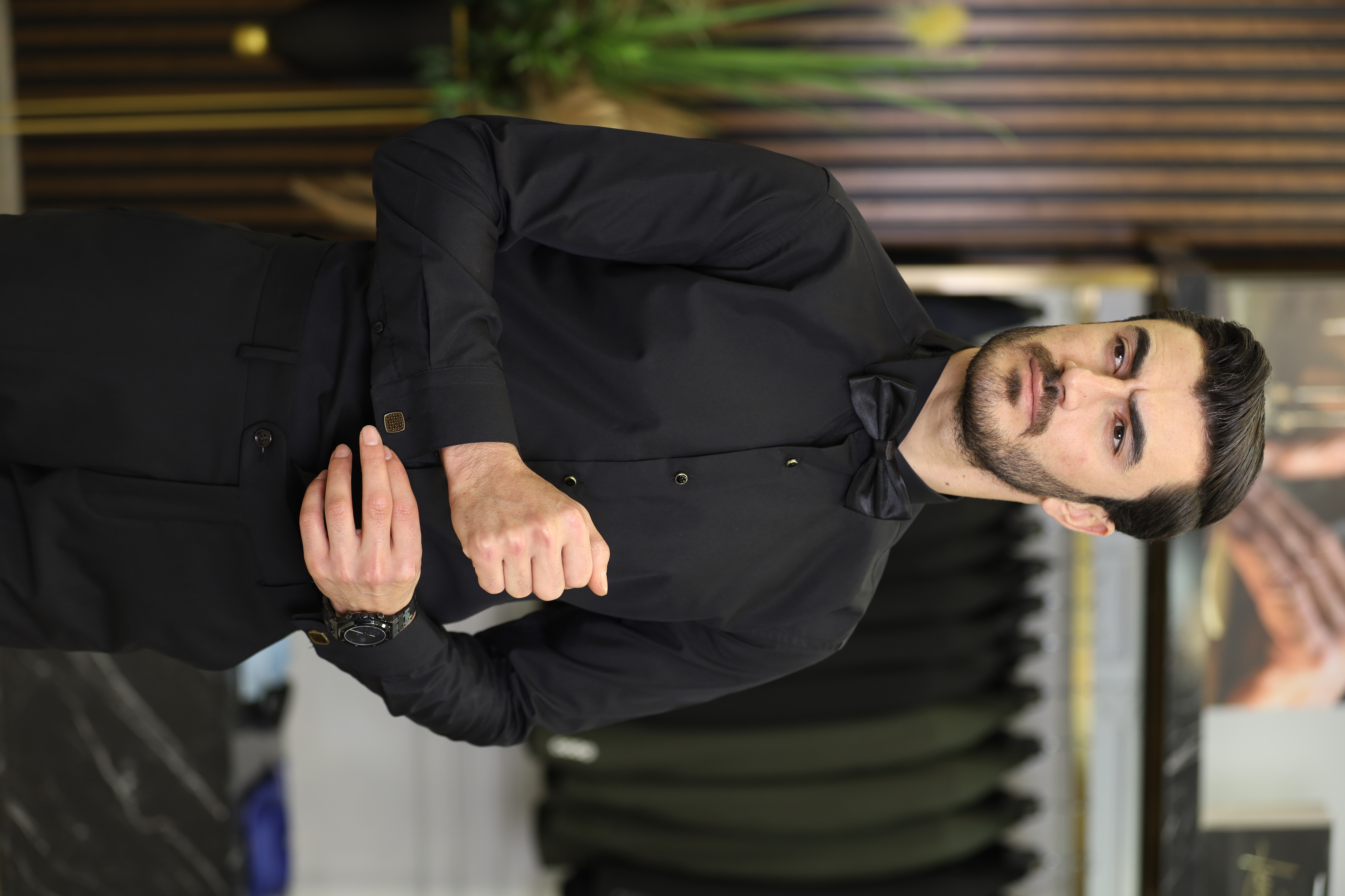 Slim Fit Damatlık Gömlek - Siyah