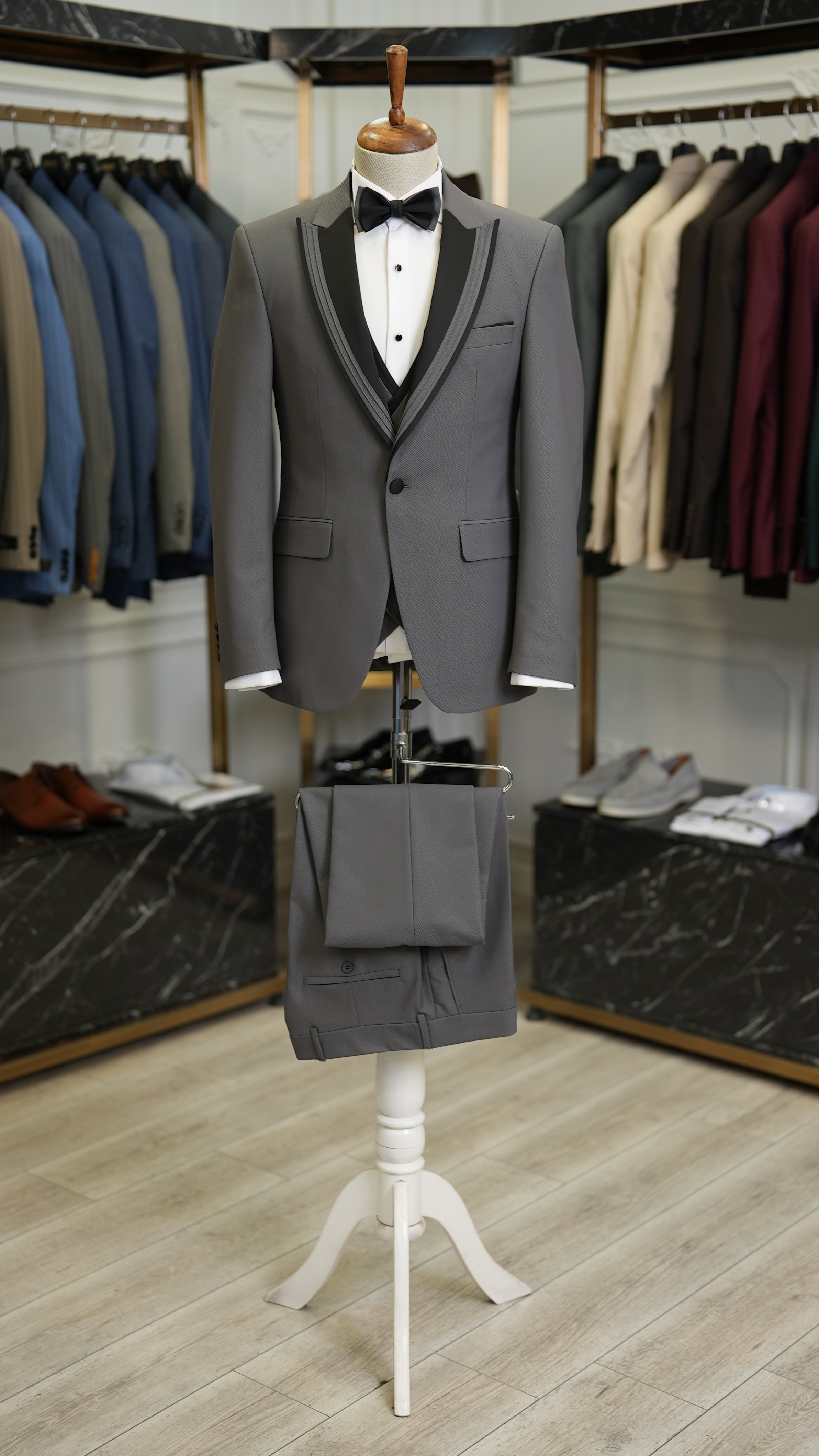 Slim Fit Damatlık Smokin Ceket Yelek Pantolon Papyon-Gri