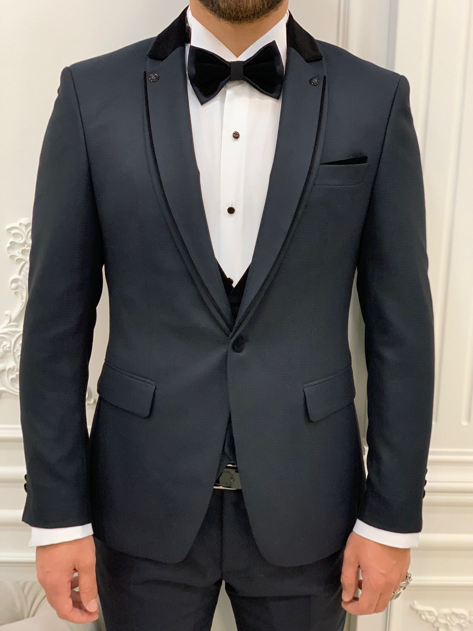 Slim Fit Groom Suit Tuxedo Jacket Vest Trousers Bow Tie - Dark Navy Blue