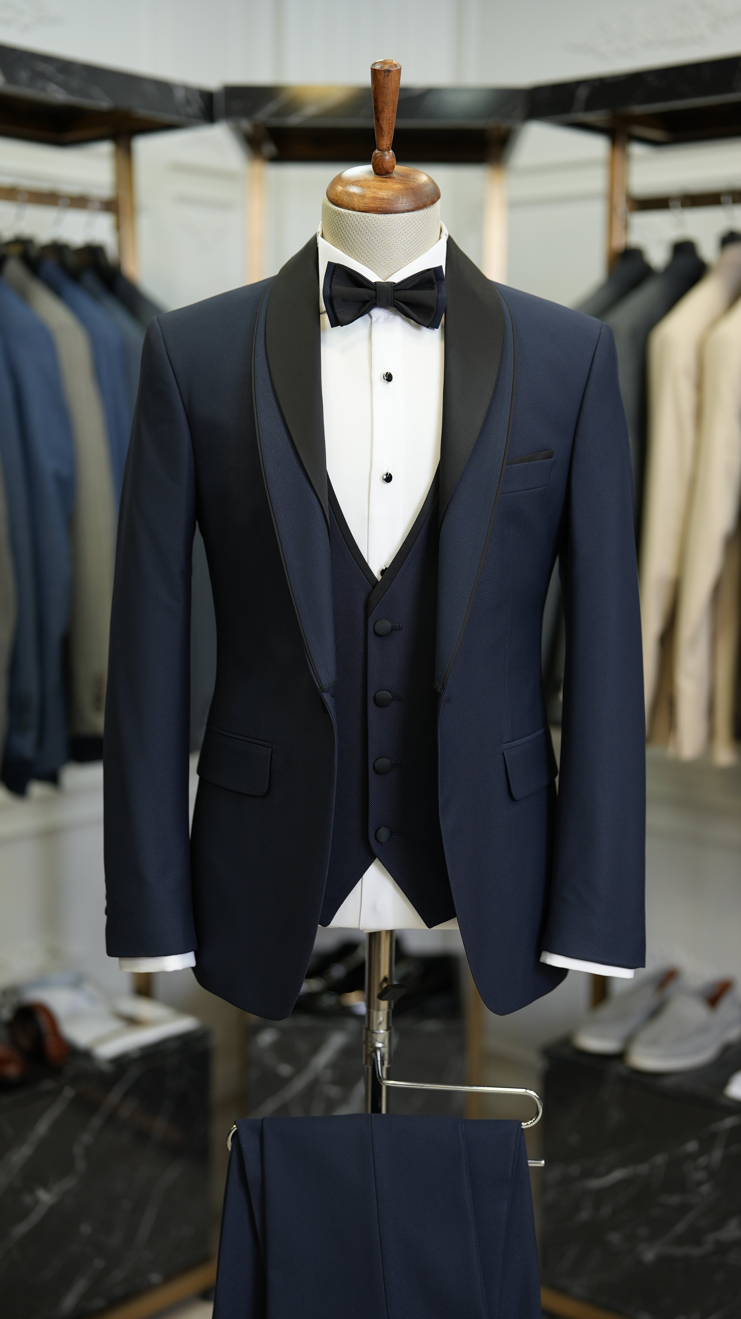 Slim Fit Damatlık Smokin Ceket Yelek Pantolon Papyon-Lacivert