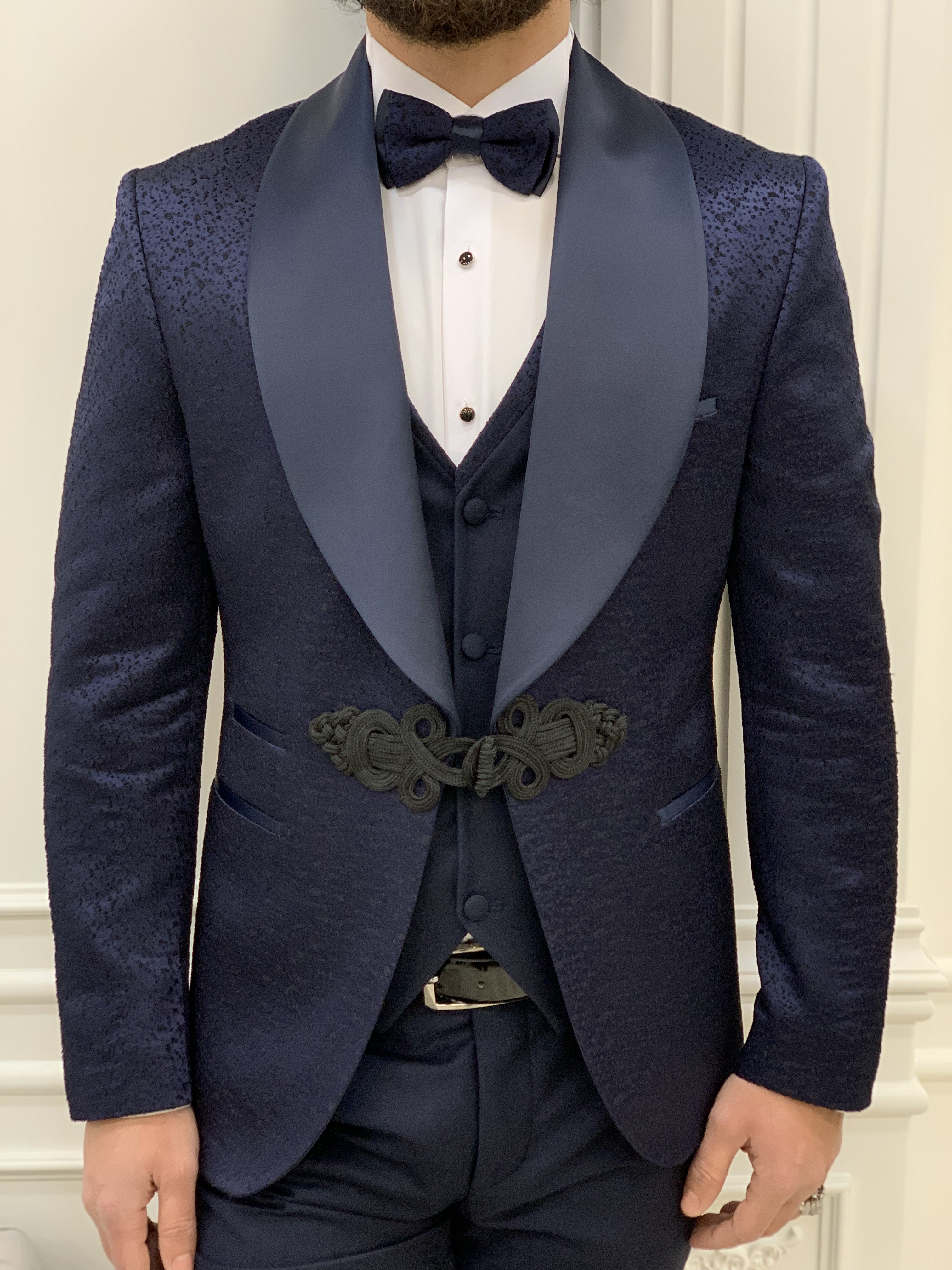 Slim Fit Bräutigamanzug, Smoking, Jacke, Weste, Hose, Fliege – Marineblau