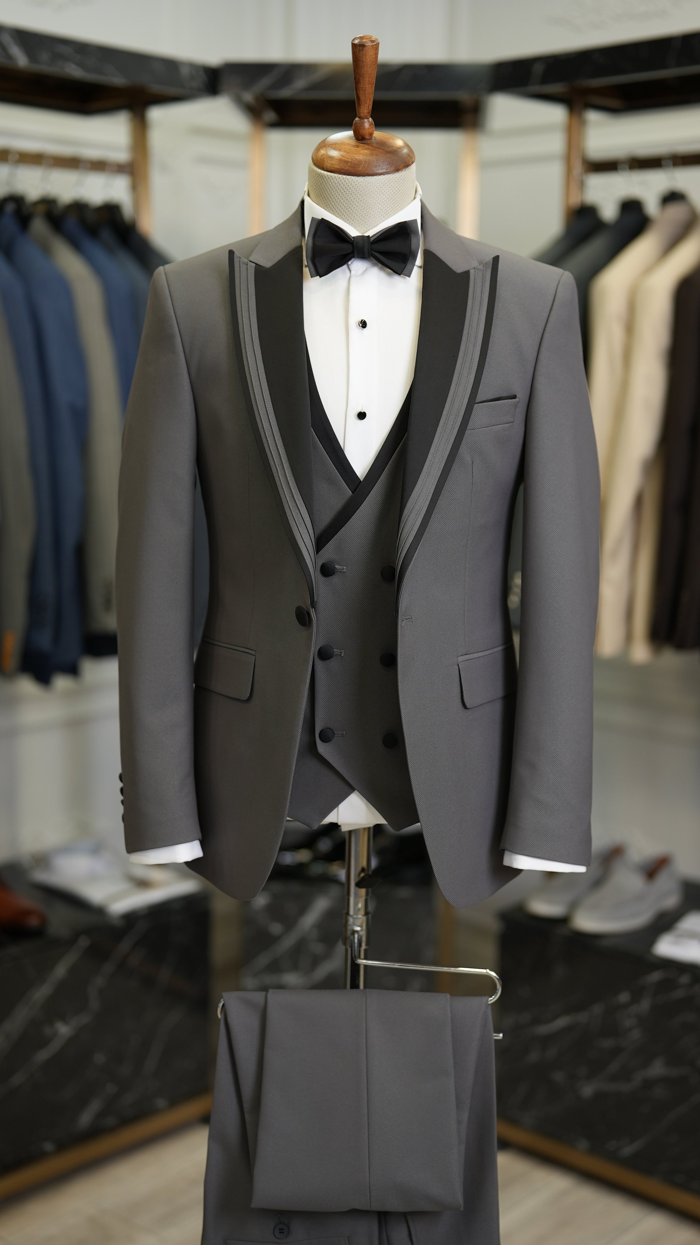 Slim Fit Damatlık Smokin Ceket Yelek Pantolon Papyon-Gri