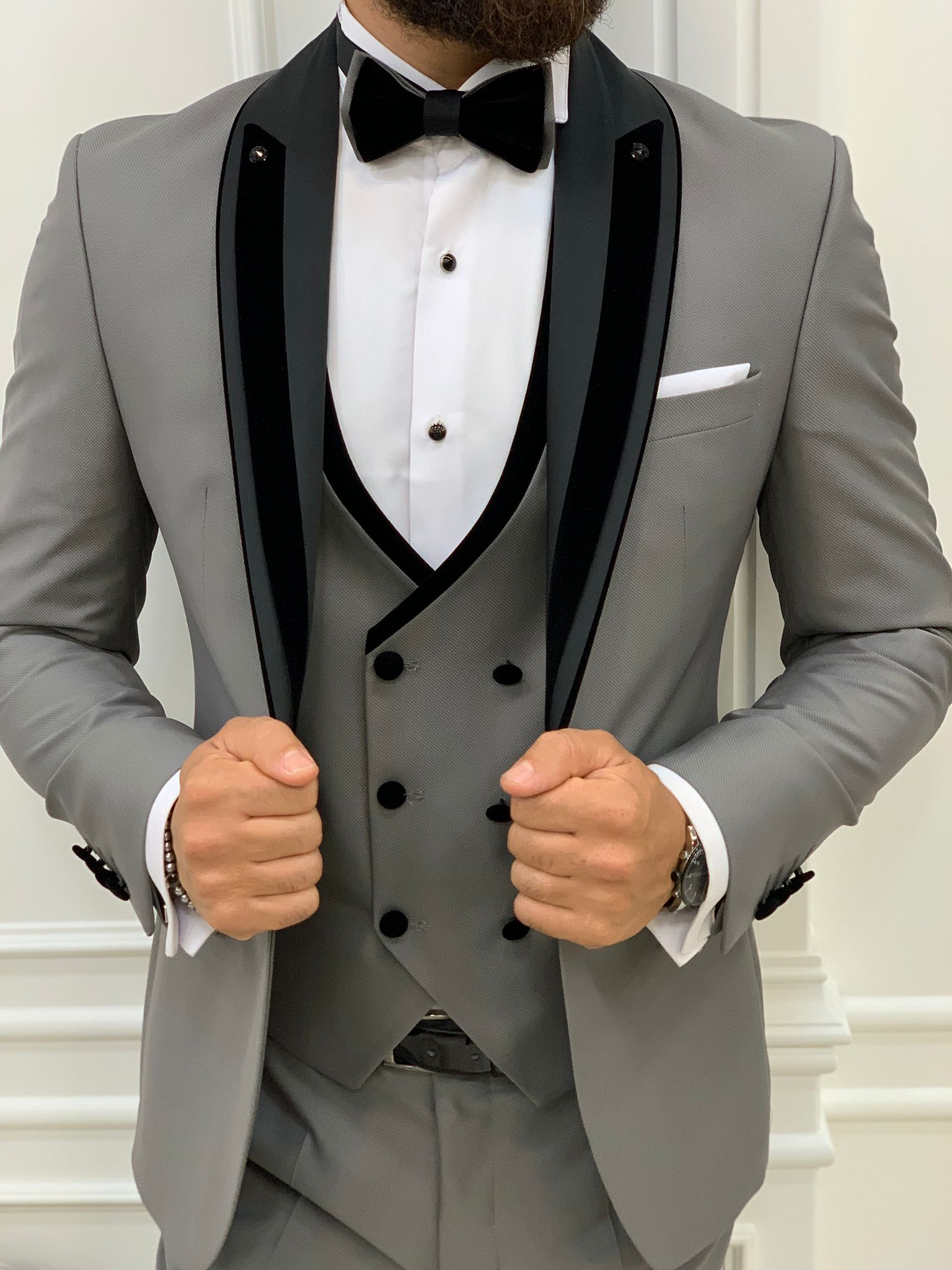 Abito da sposo slim fit giacca da smoking gilet pantaloni papillon - grigio