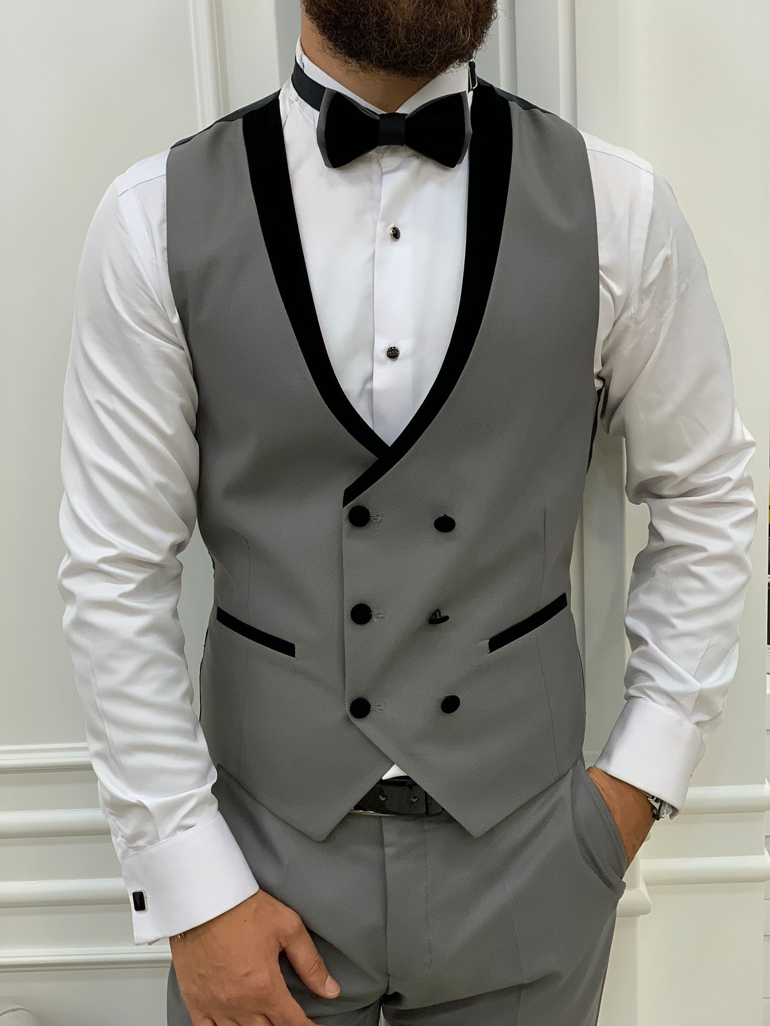 Abito da sposo slim fit giacca da smoking gilet pantaloni papillon - grigio