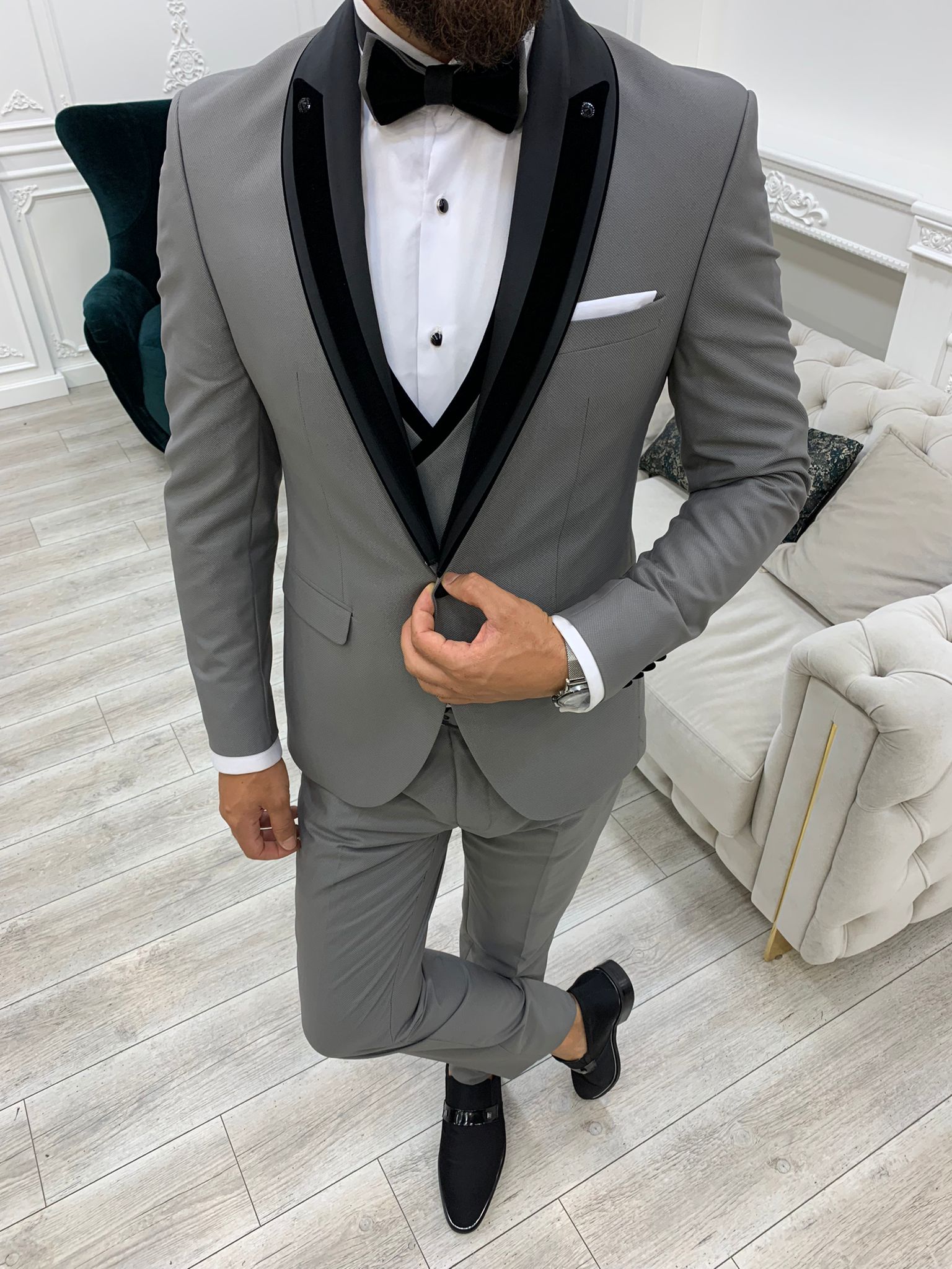 Abito da sposo slim fit giacca da smoking gilet pantaloni papillon - grigio