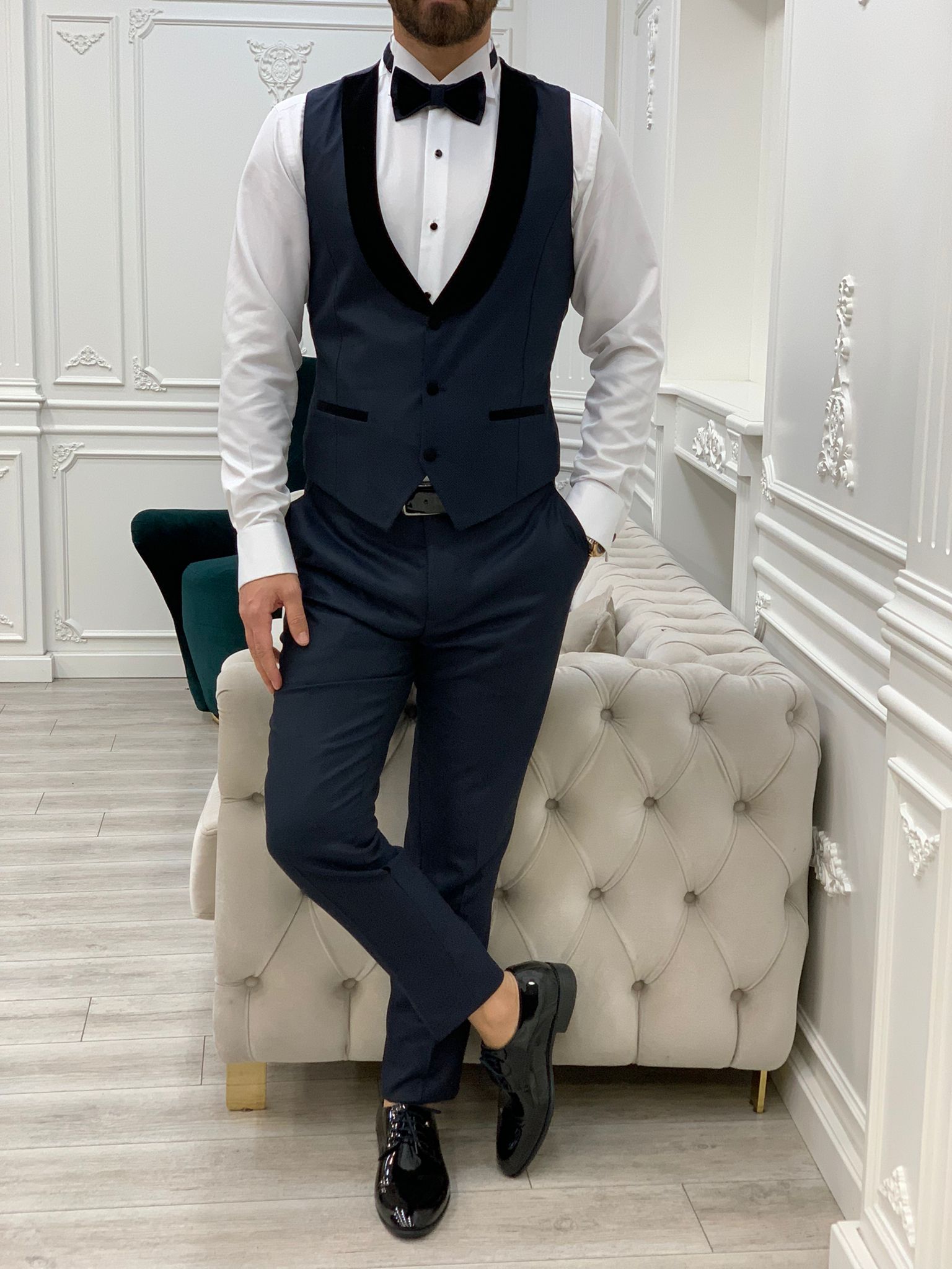 Slim Fit Groom Suit Tuxedo Jacket Vest Trousers Bow Tie - Navy Blue