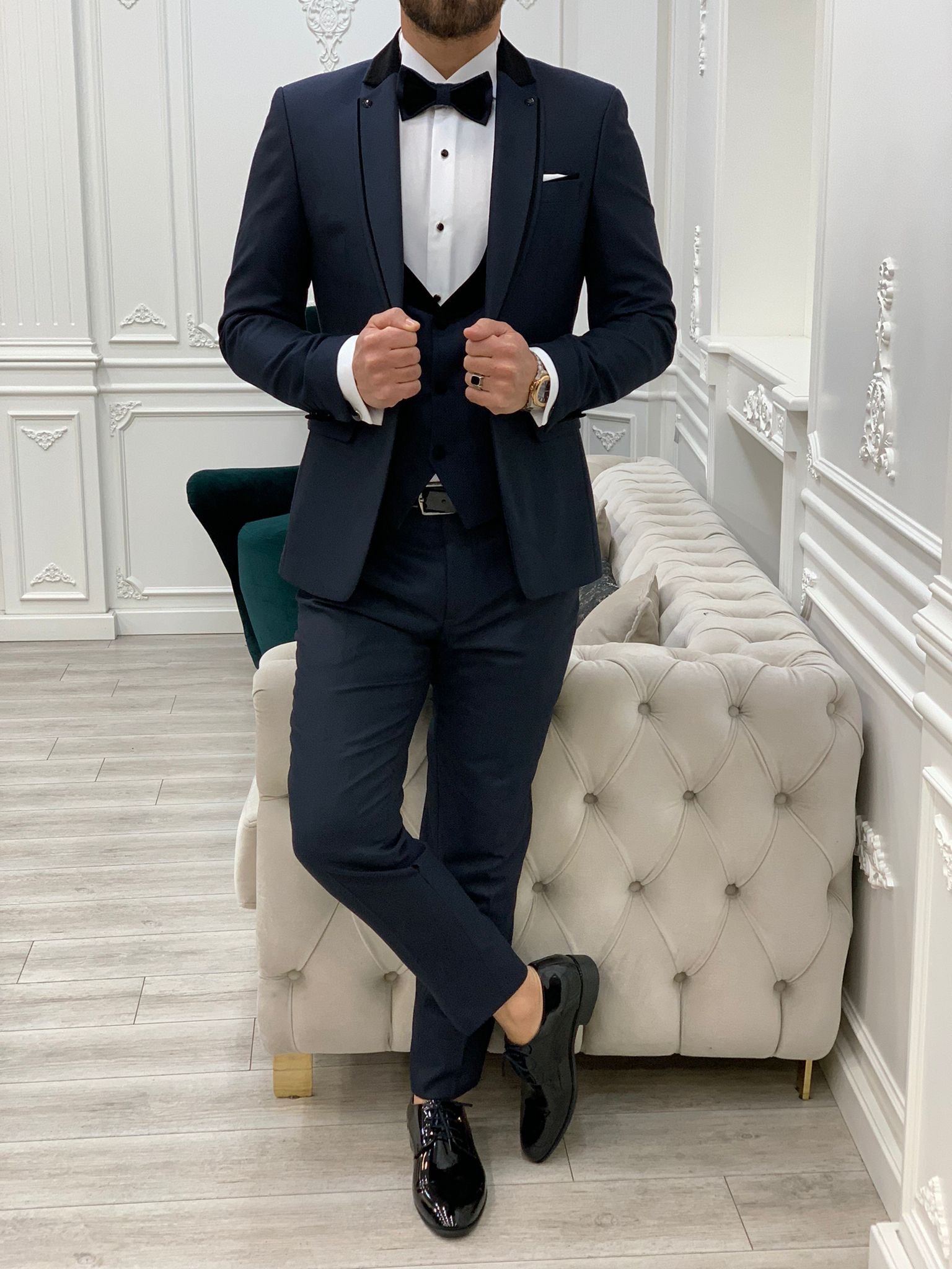 Slim Fit Groom Suit Tuxedo Jacket Vest Trousers Bow Tie - Navy Blue
