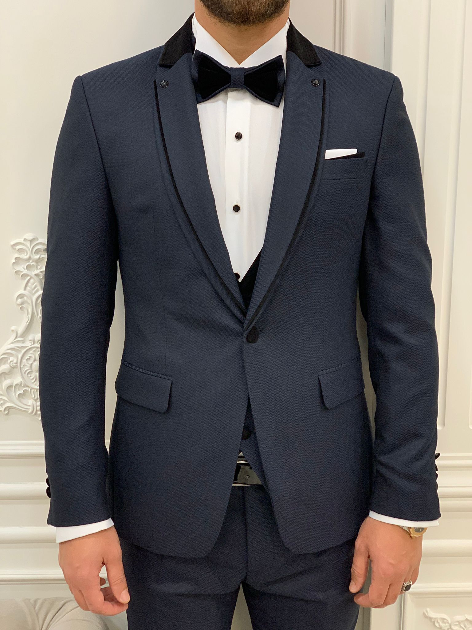 Slim Fit Groom Suit Tuxedo Jacket Vest Trousers Bow Tie - Navy Blue