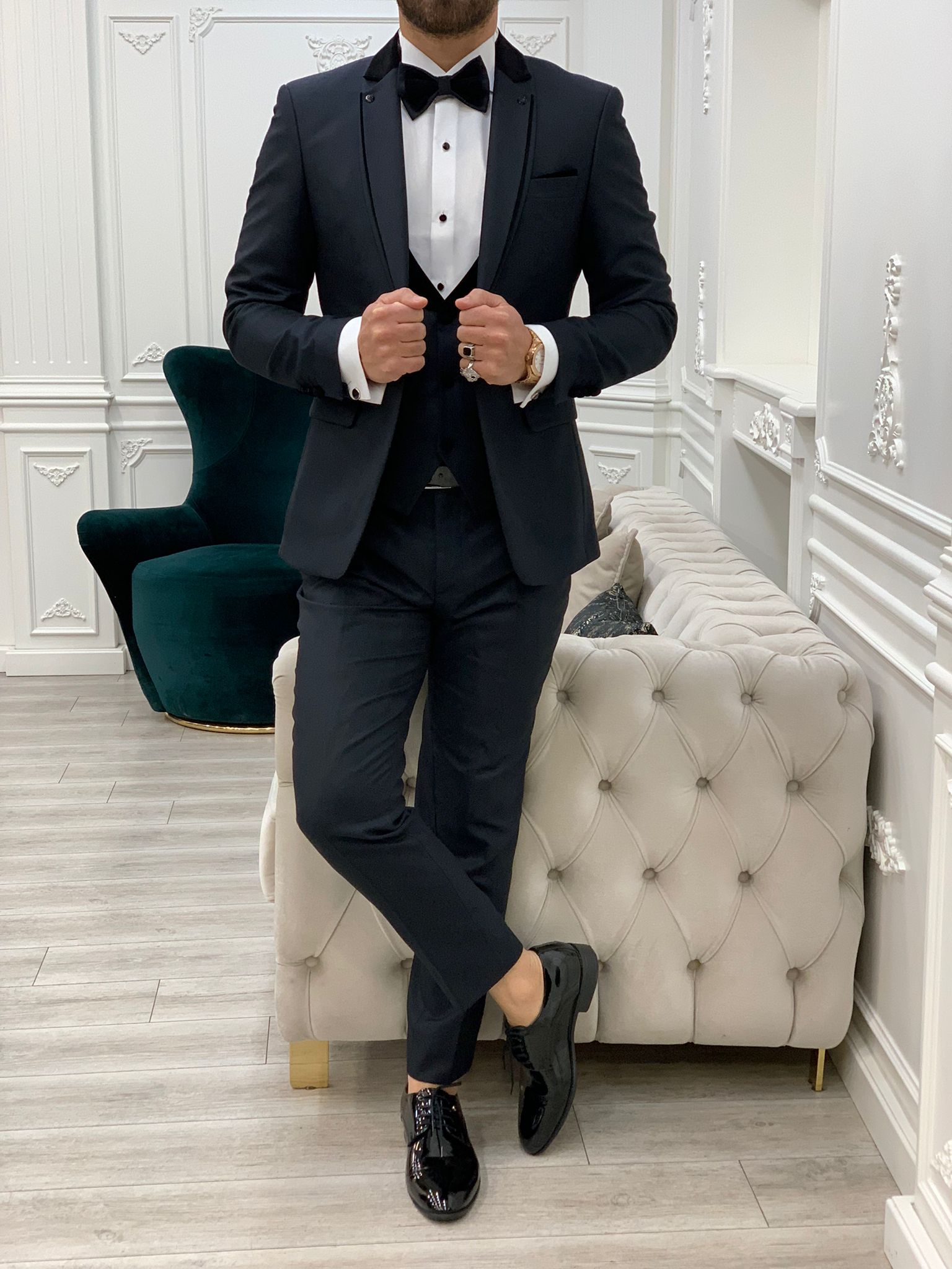 Slim Fit Groom Suit Tuxedo Jacket Vest Trousers Bow Tie - Dark Navy Blue