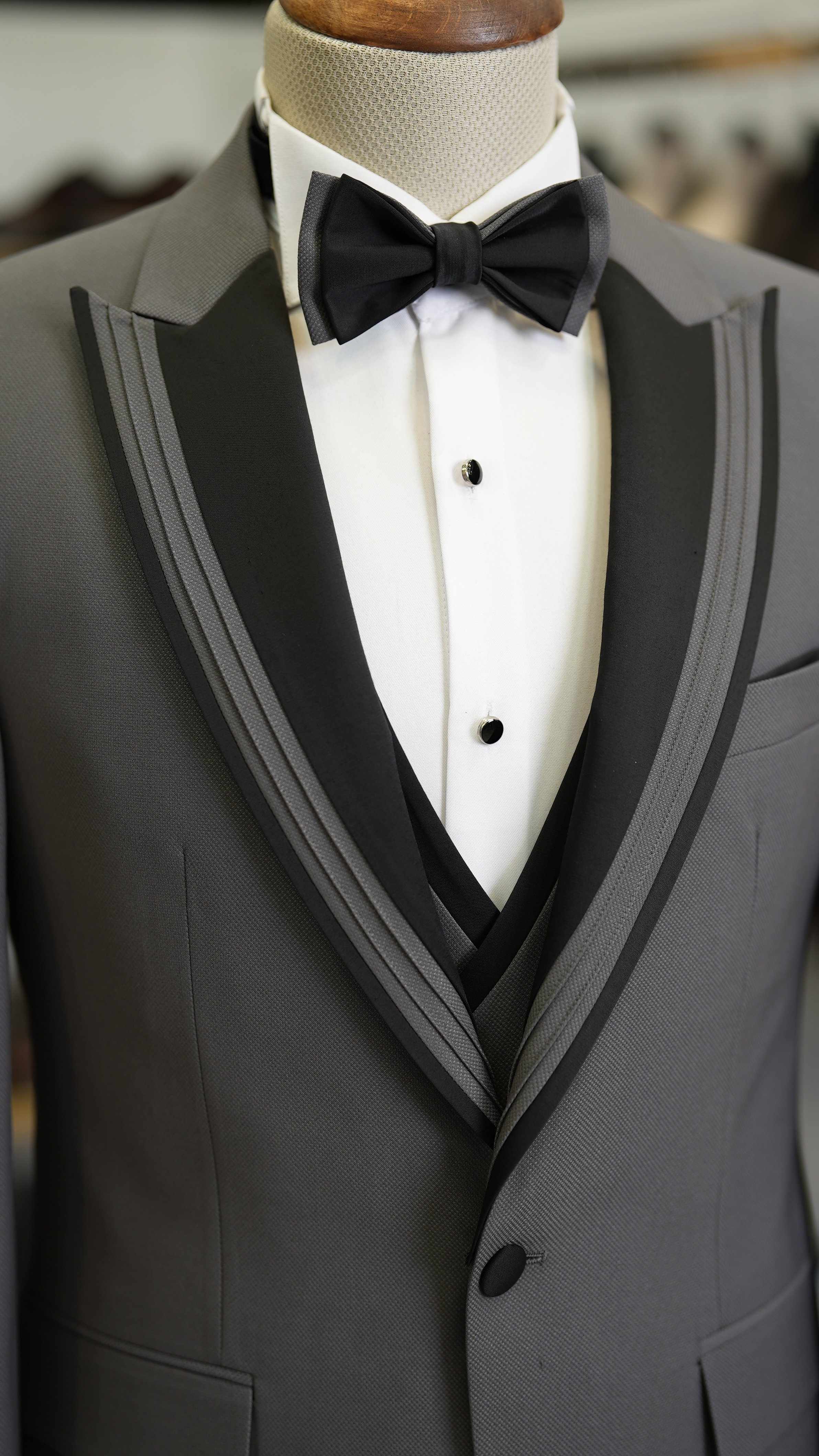 Slim Fit Damatlık Smokin Ceket Yelek Pantolon Papyon-Gri